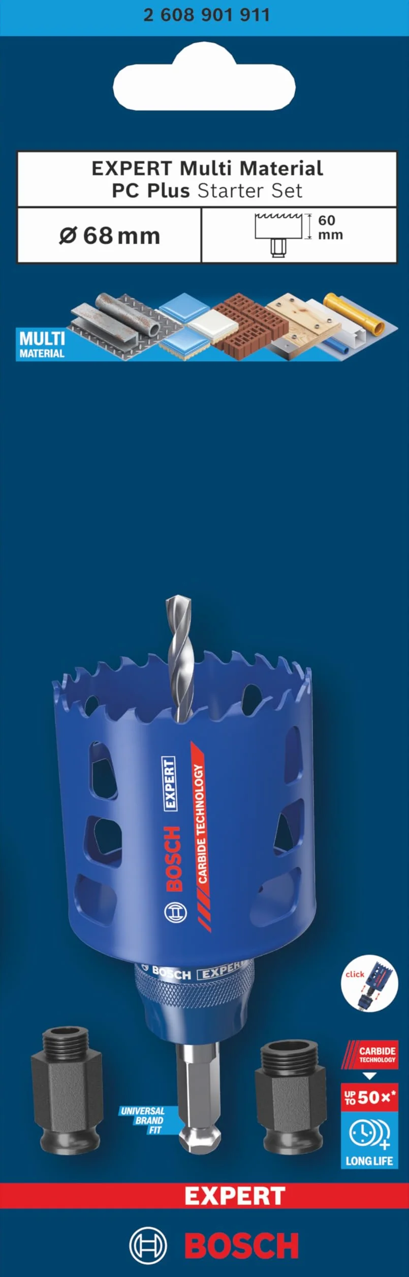 Bosch 3x Zestaw startowy otwornic EXPERT Multi Material PC Plus (do Drewno z metalem, Cegła, Ø 68 mm, Professional Akcesoria Wiertarki)