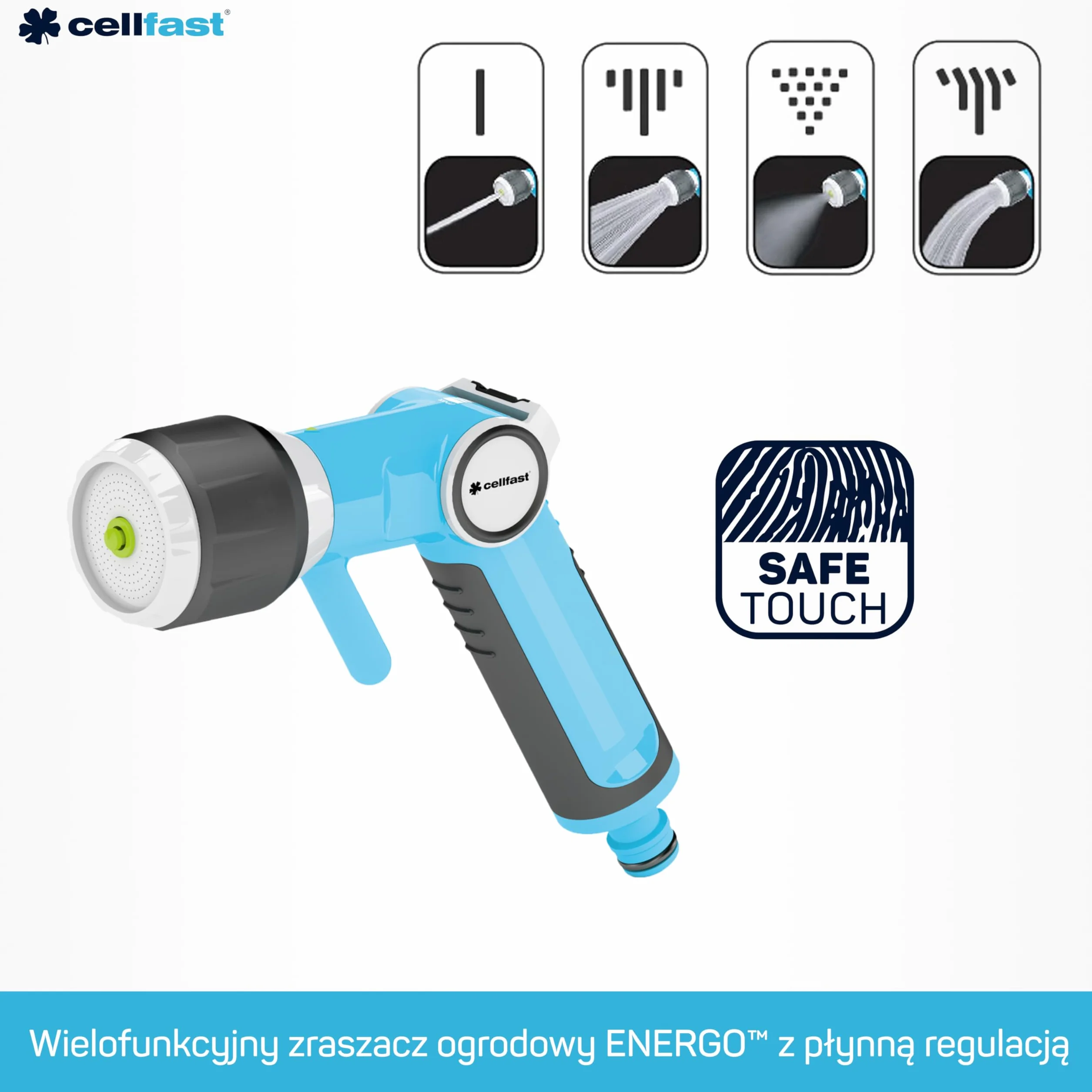 CELLFAST Zraszacz Pistoletowy Wielofunkcyjny Zraszacz Ogrodowy Do Trawnika Kwiatów Roślin System Safetouch ENERGO