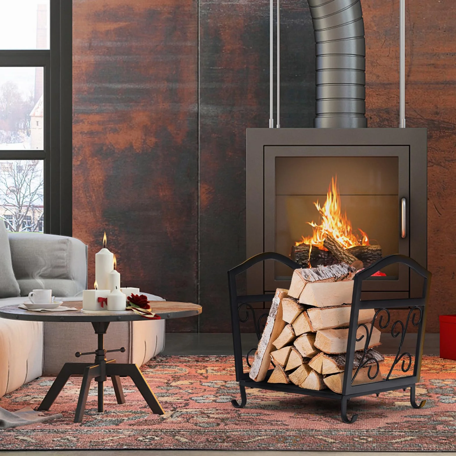 COSTWAY Metalowy regał na drewno kominkowe, regał opałowy ze stabilnym cokolem i uchwytami, stojak do użytku wewnątrz i na zewnątrz, 43 x 32,5 x 40 cm