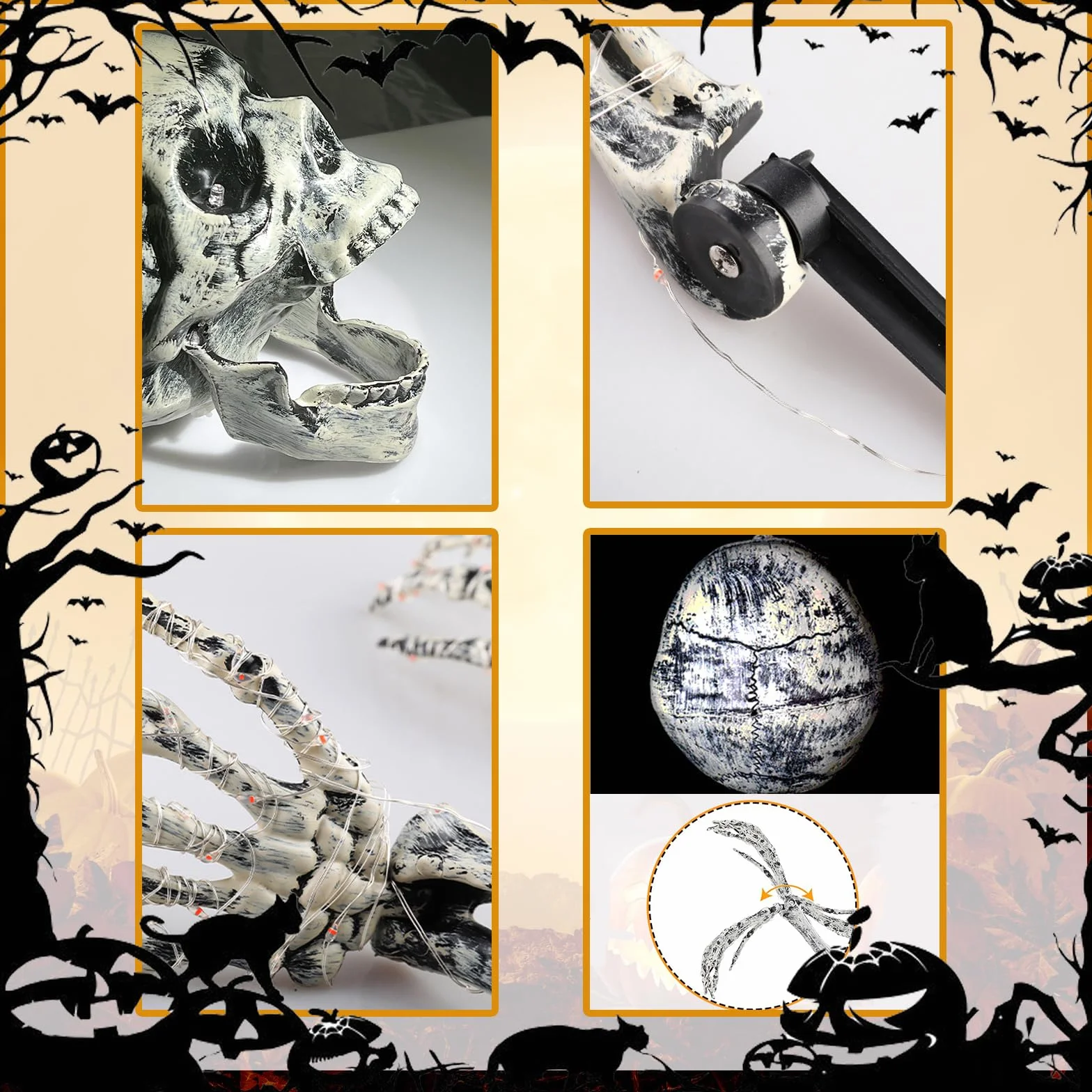 Dekoracja szkieletu na Halloween, jasny, 1 x czaszka i 2 x ręce, Halloween dekoracje szkieletowe na zewnątrz, ogród na cmentarz dziedziniec