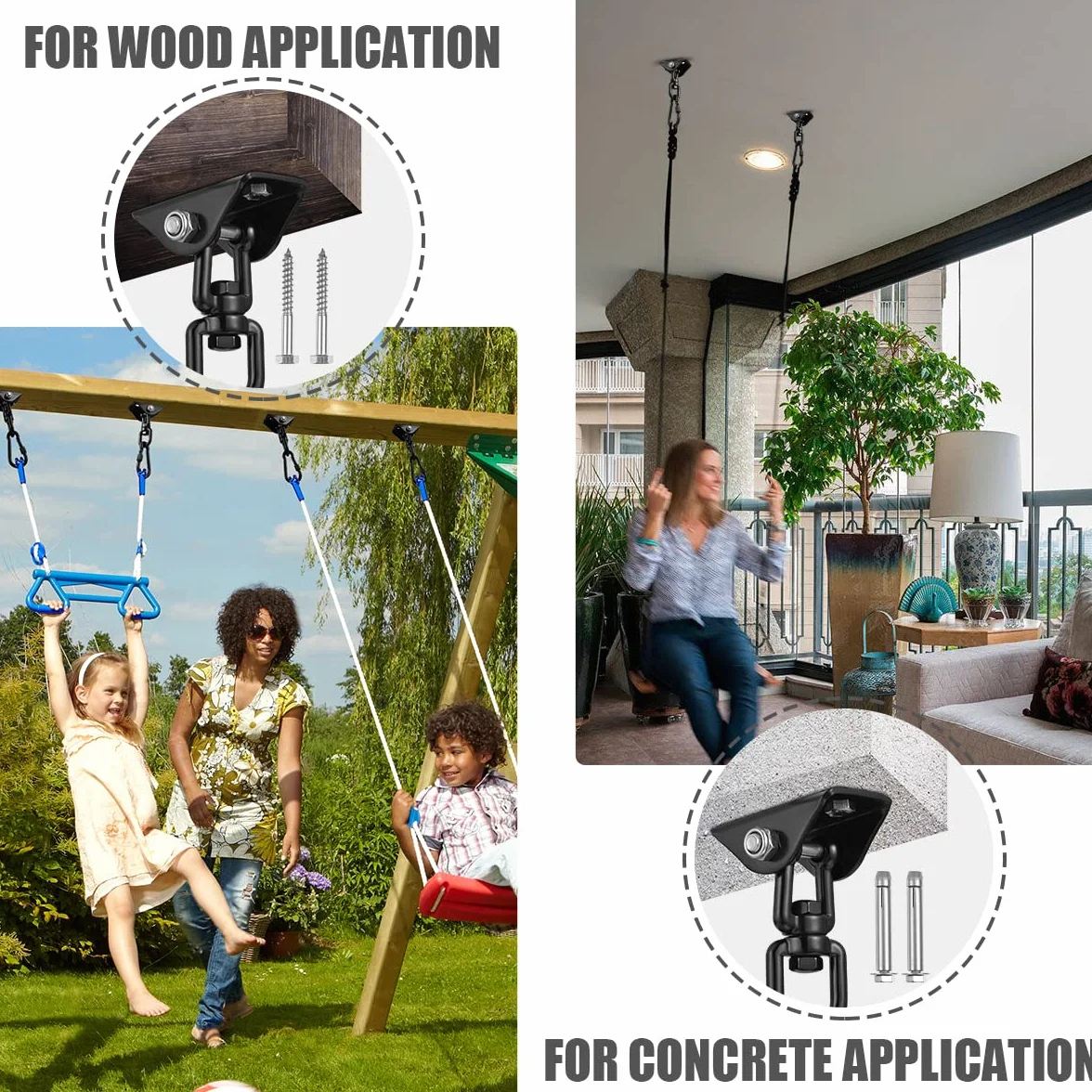 RayLove Hak sufitowy, fotel wiszący obracany o 360°, do zawieszenia, hamak, huśtawka, hak ze śrubą, do betonu, drewna, na plac zabaw, werandę, siedzisko, trapez, jogę