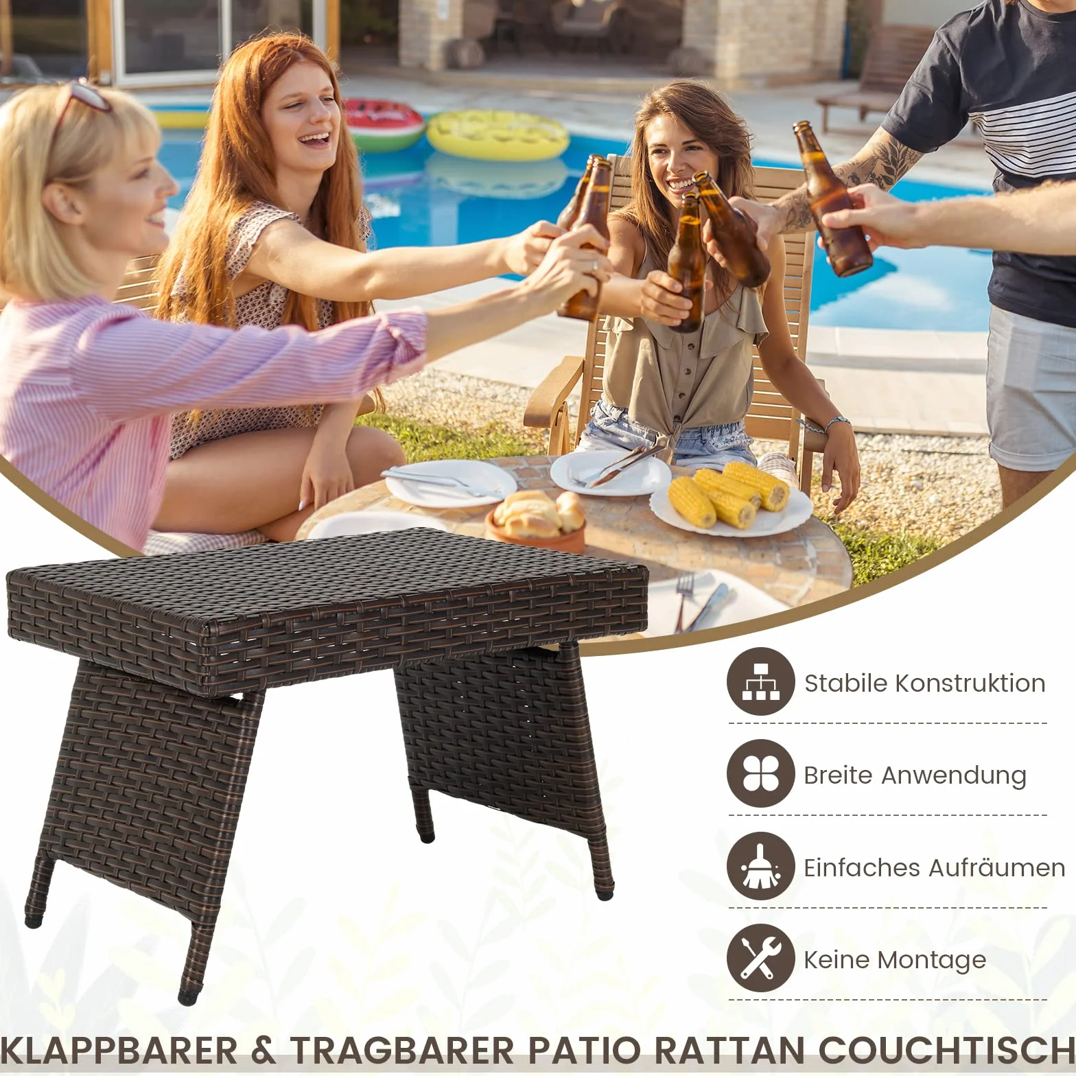 GOPLUS Stolik pomocniczy z polirattanu, składany, mały ogrodowy stół z metalowym stelażem, 60 x 40 x 40 cm, rattanowy stół bistro, balkonowy, kawowy do salonu i na taras