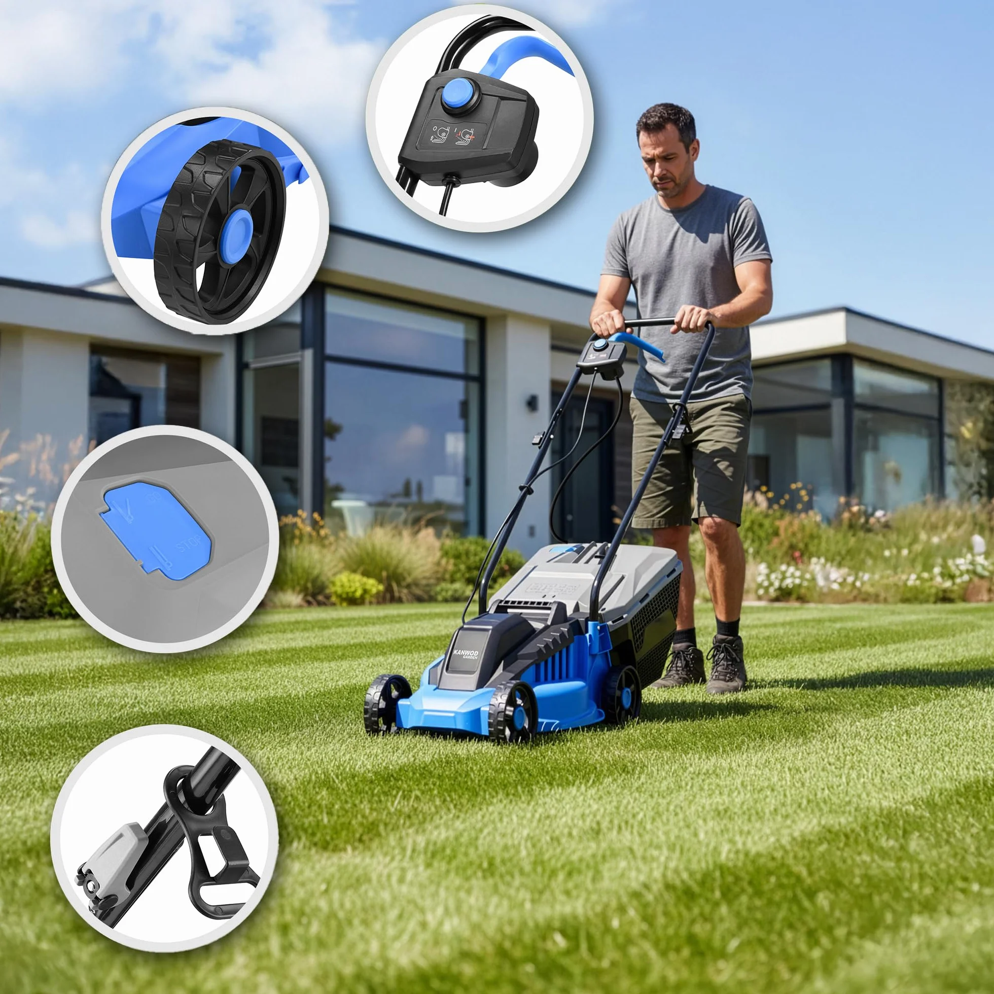 Elektryczna kosiarka do trawy Kanwod 1200 W, szerokość cięcia 34 cm, kosz 30 litrów, wysokość cięcia regulowana na 3 poziomach od 30 do 70 cm, 3400 obr/min