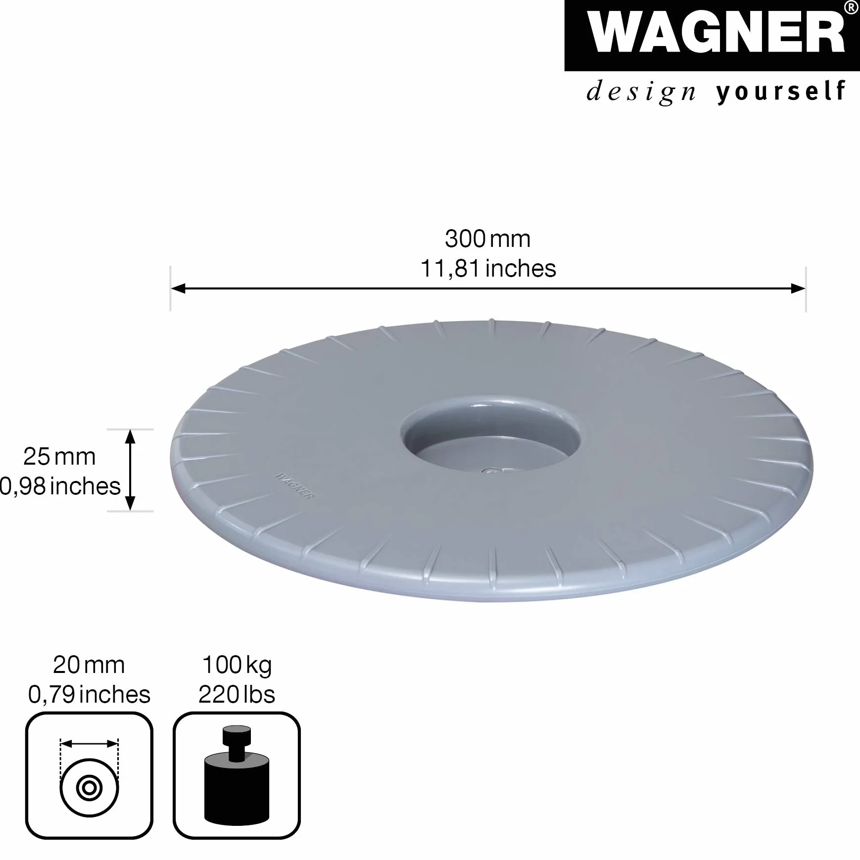 Wagner Ultra FLAT 20045001 wałek do roślin o wymiarach 30 x 3 cm, do użytku w pomieszczeniach z lekkimi łożyskami kulkowymi, wyjątkowo płaski wałek z tworzywa sztucznego ABS, srebrno-szary, odporny na