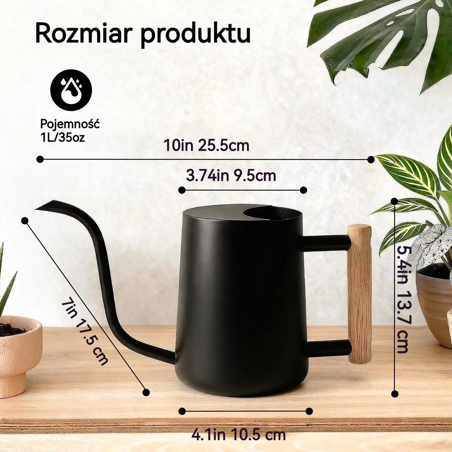 Bamworld Konewka ze Stali Nierdzewnej 1L z Drewnianą Rączką, Niekapający Długi Dzióbek, Czarna