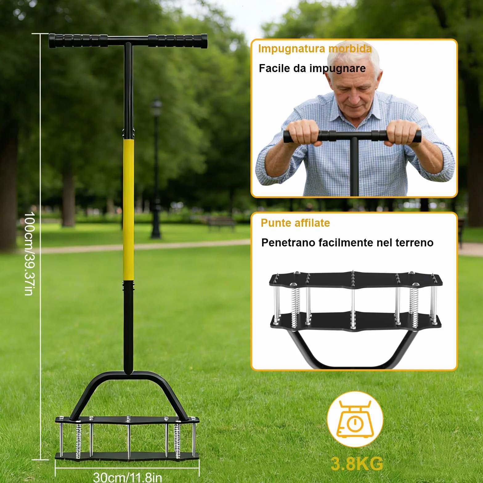 Aerator do trawników z 16 zębami, ręczny aerator do trawników z automatycznym czyszczeniem. Do ubitej gleby na podwórkach – idealny do pielęgnacji trawników w ogrodach i na podwórkach (100x30x12cm)