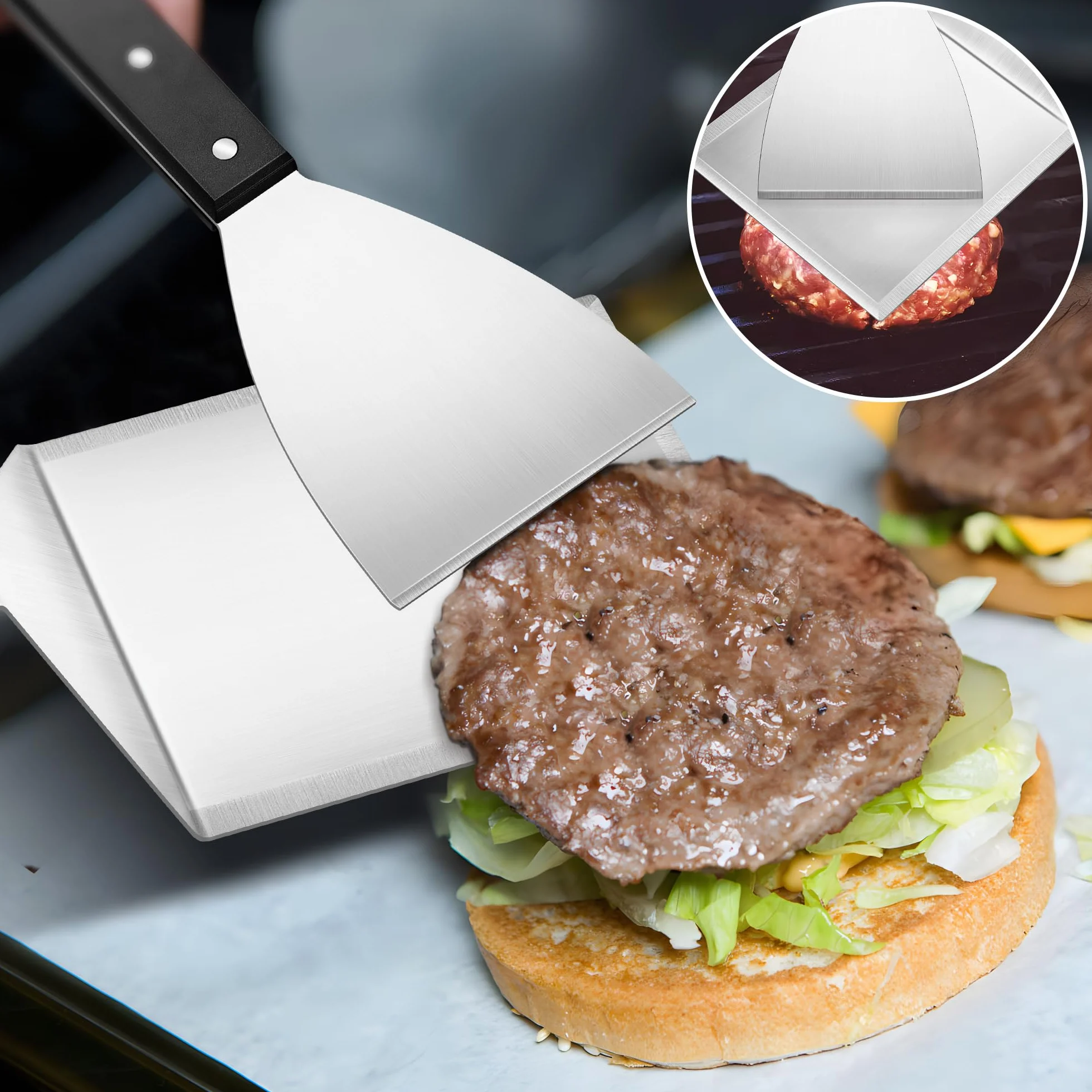 Herogo Zestaw szpatułek do grilla, 2 sztuki szpatułek do planchy ze stali nierdzewnej i duża łopatka do grilla, do smash burgerów, teppanyaki, akcesoria do grilla, prezenty dla mężczyzn, nadają się do