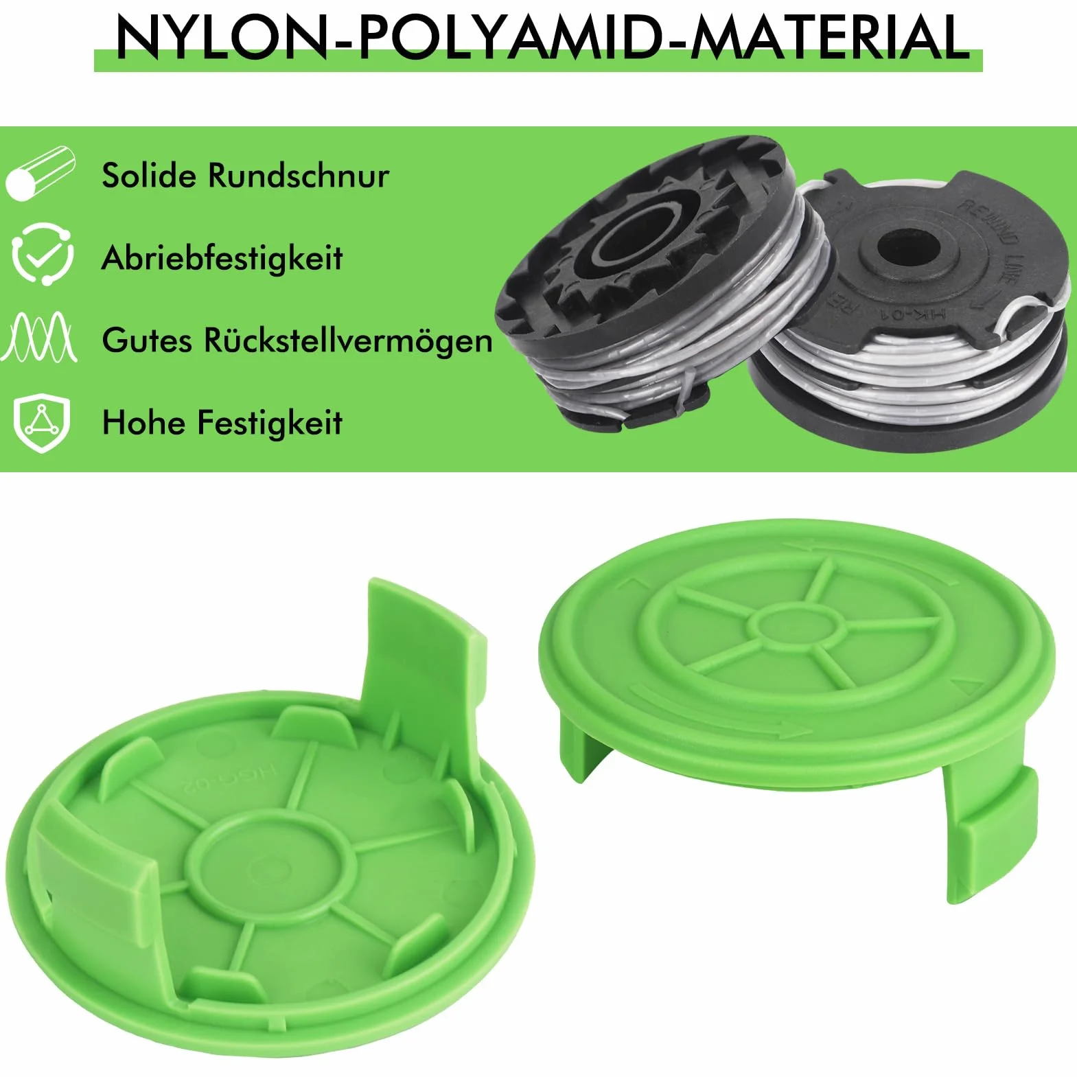 Szpula z podwójną żyłką 29187 pasuje do podkaszarki Greenworks 40 V G40LT G40LTK2 G40LTK2x 2101507 2101507UA 2101507UC, zapasowa szpula żyłki 8,3 m długość Ø 1,65 mm (6 szpulek, 2 czapka)