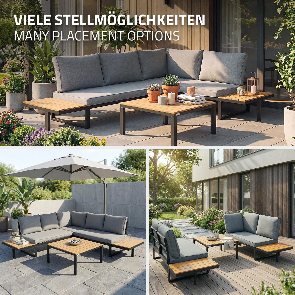 ML-Design Zestaw mebli ogrodowych 3-czesciowy narozny komplet wypoczynkowy taras balkon ogród sofa modulowa szara imitacja drewna poduszki stolik kawowy wodoodporny odporny na warunki atmosferyczne
