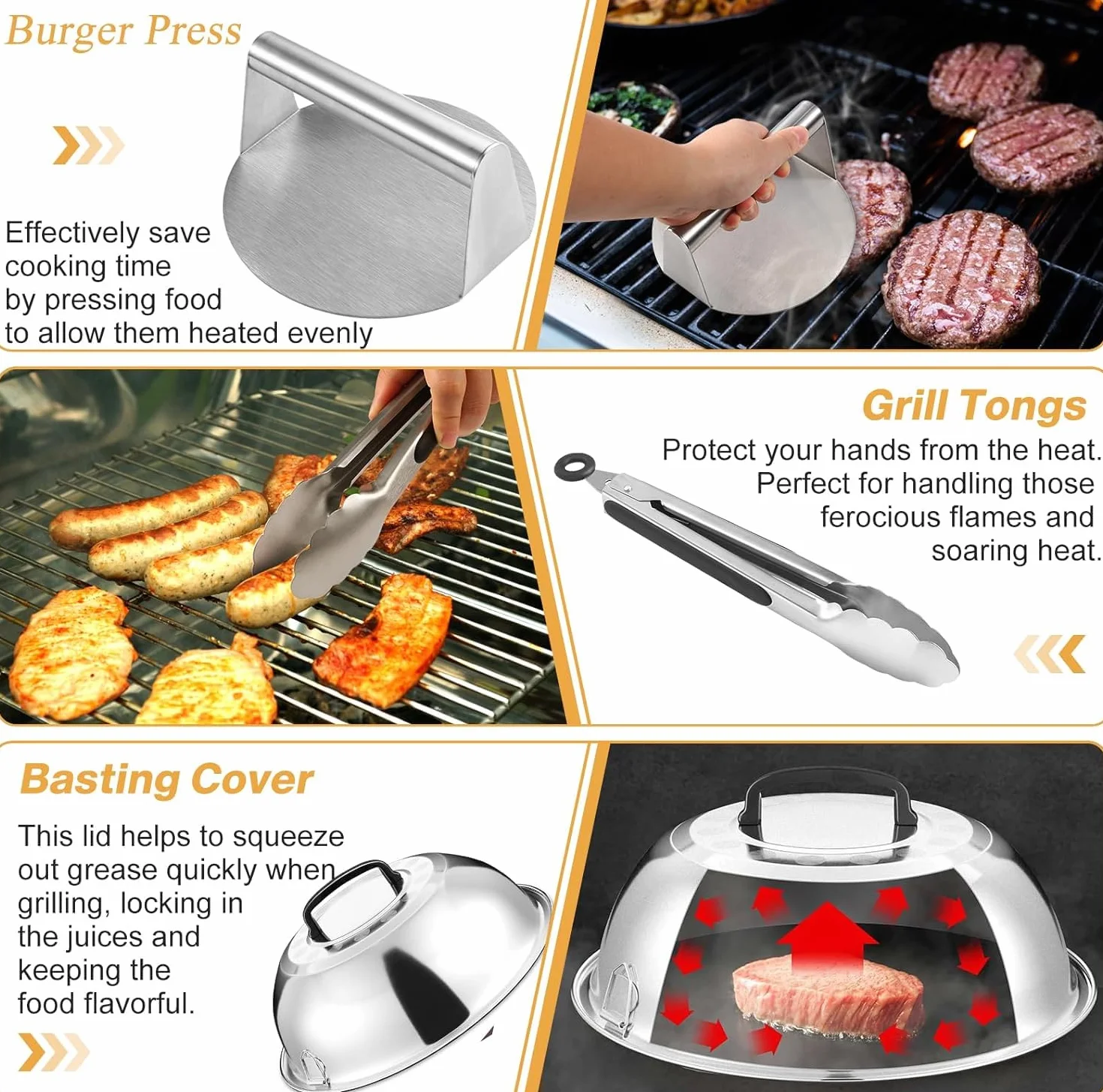 Zestaw akcesoriów do grilla, 20 szt. płaskich akcesoriów do grilla Blackstone Camp Chef, zestaw metalowych szpatułek z prasą do burgerów, osłona do nalewania, kopuła do topienia, szczypce