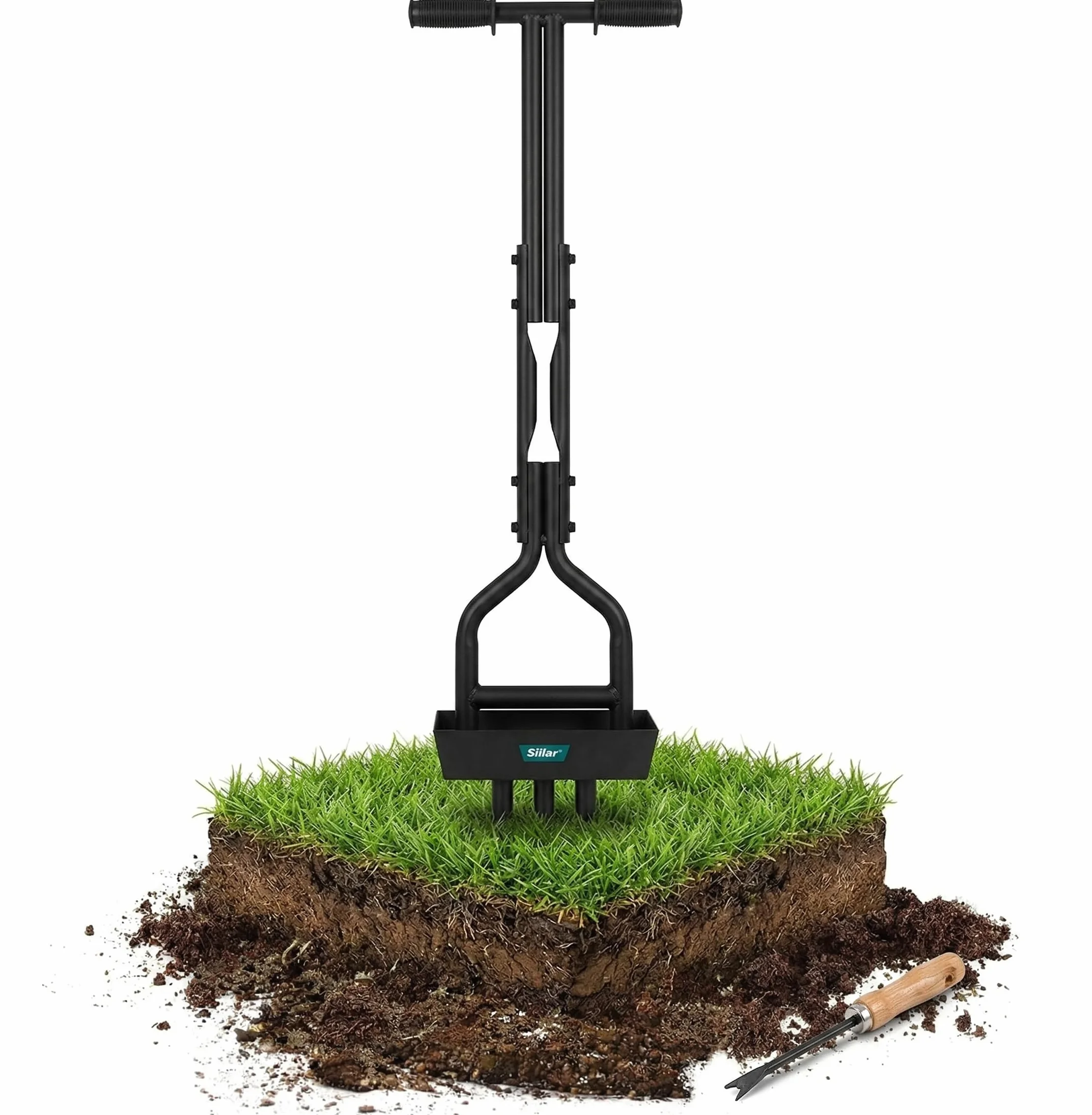 Sillar Aerator Rurkowy do Trawnika z Tacką na Rdzenie – 3 Stalowe Zęby Rurowe – Napowietrzacz Gleby Ręczny – Wertykulator Ręczny – Narzędzie Ogrodowe 96 cm