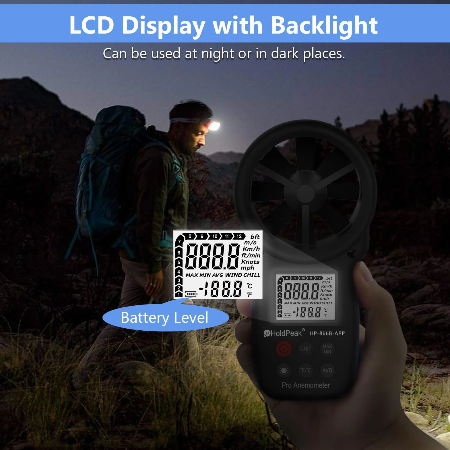 HoldPeak Cyfrowy anemometr HP-866B-APP Prędkość wiatru Bluetooth