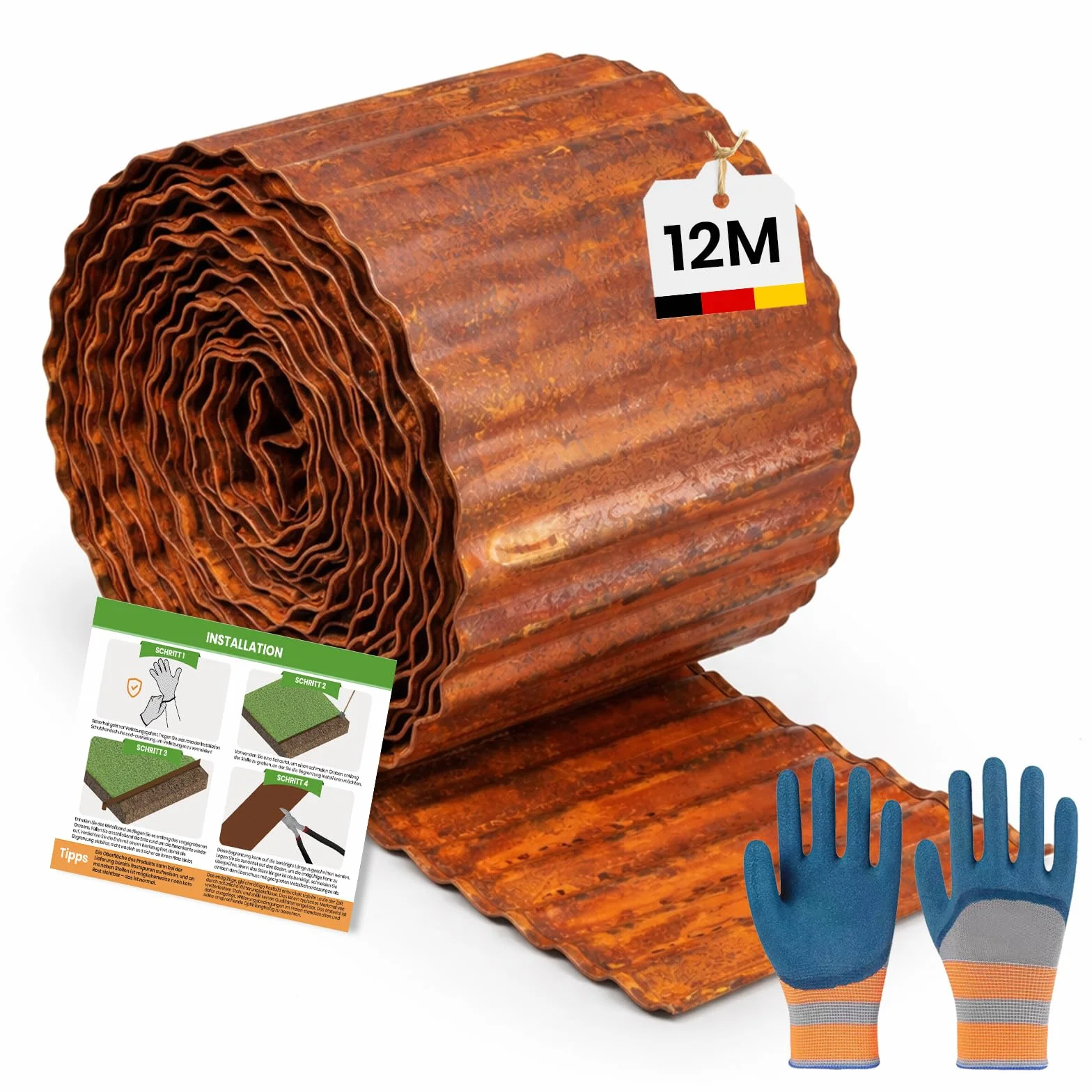 Obrzeże ogrodowe ze stali Corten 12 m x 14 cm, metalowe obramowanie trawnika, krawędź trawnika z rdzy, 1 para rękawic w zestawie, do ograniczania rabatek (kształt falisty, 12 m x 15 cm)