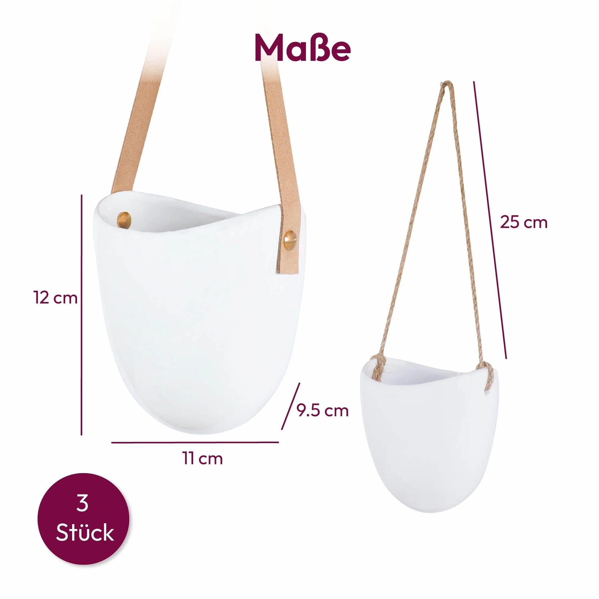Gadgy Wisząca Doniczka Ceramiczna Biała | Zestaw 3 Doniczek | Wiszące Doniczki do Wiszących Roślin | Do Wnętrza lub Na Zewnątrz | W zestawie 3 różne sznurki i torba do przechowywania