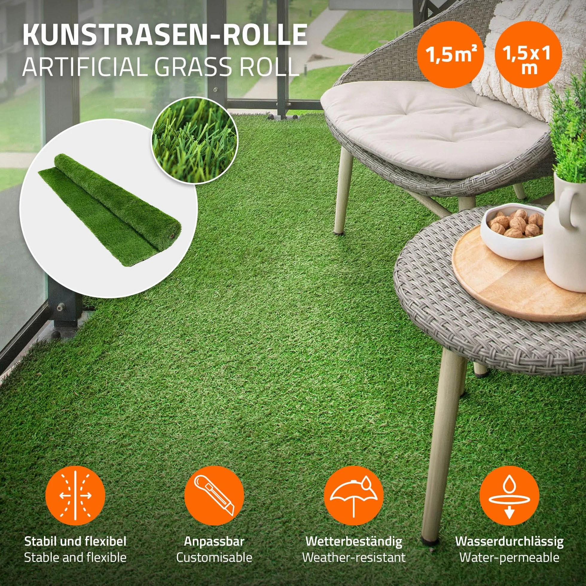 ECD Germany rolka sztucznej trawy 150x100 cm 1,5 m² zielony trawnik sztuczny dywanik trawnikowy na balkon taras ogród wodoprzepuszczalna UV 18 mm odporna na warunki atmosferyczne trwala i estetyczna