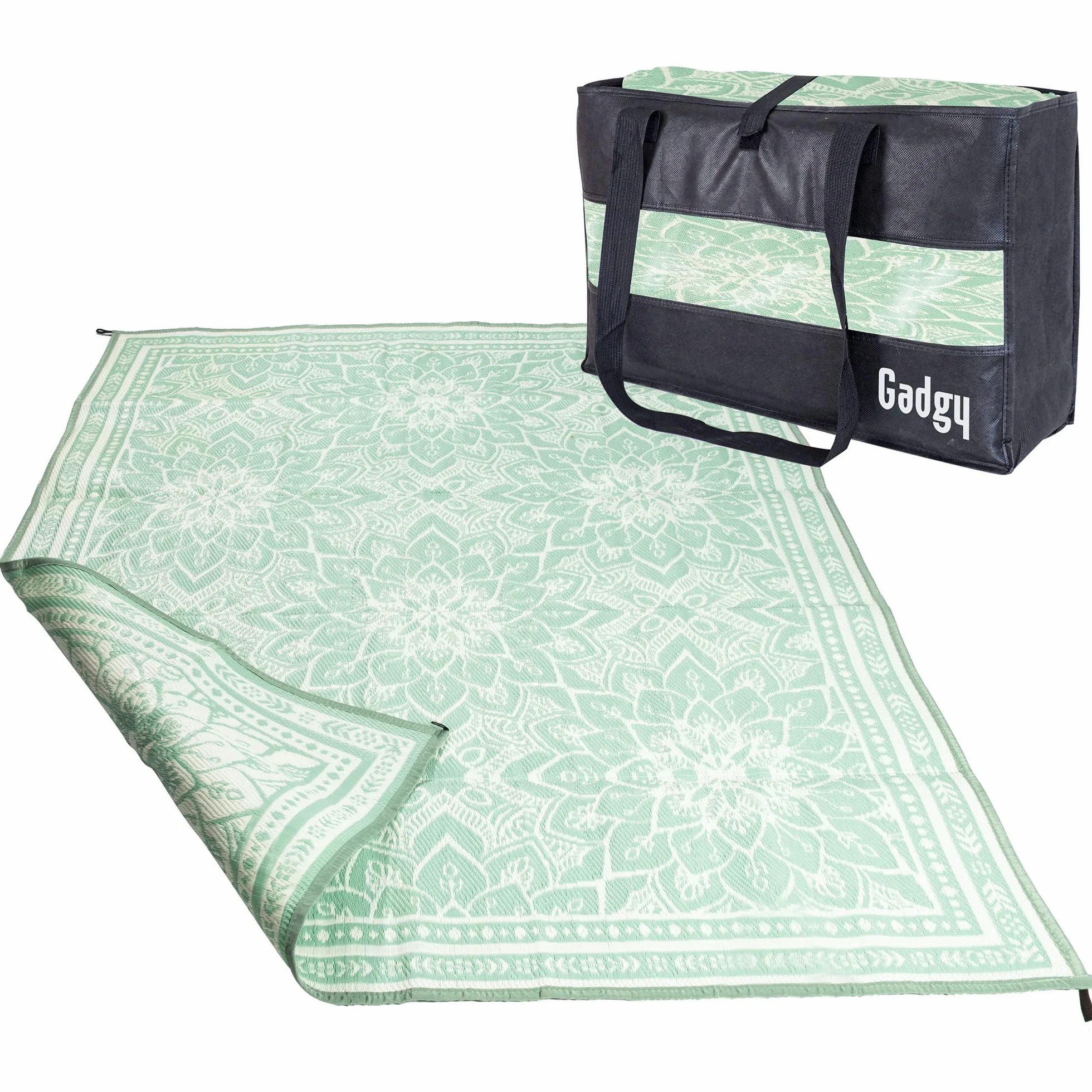 Gadgy Outdoor Teppich Wetterfest - Stylischer Balkon Teppich Wasserfest und UV-Beständig - Wendbarer Outdoorteppich Garten - Teppich Grün inkl. Tragetasche - 270 x 200 cm