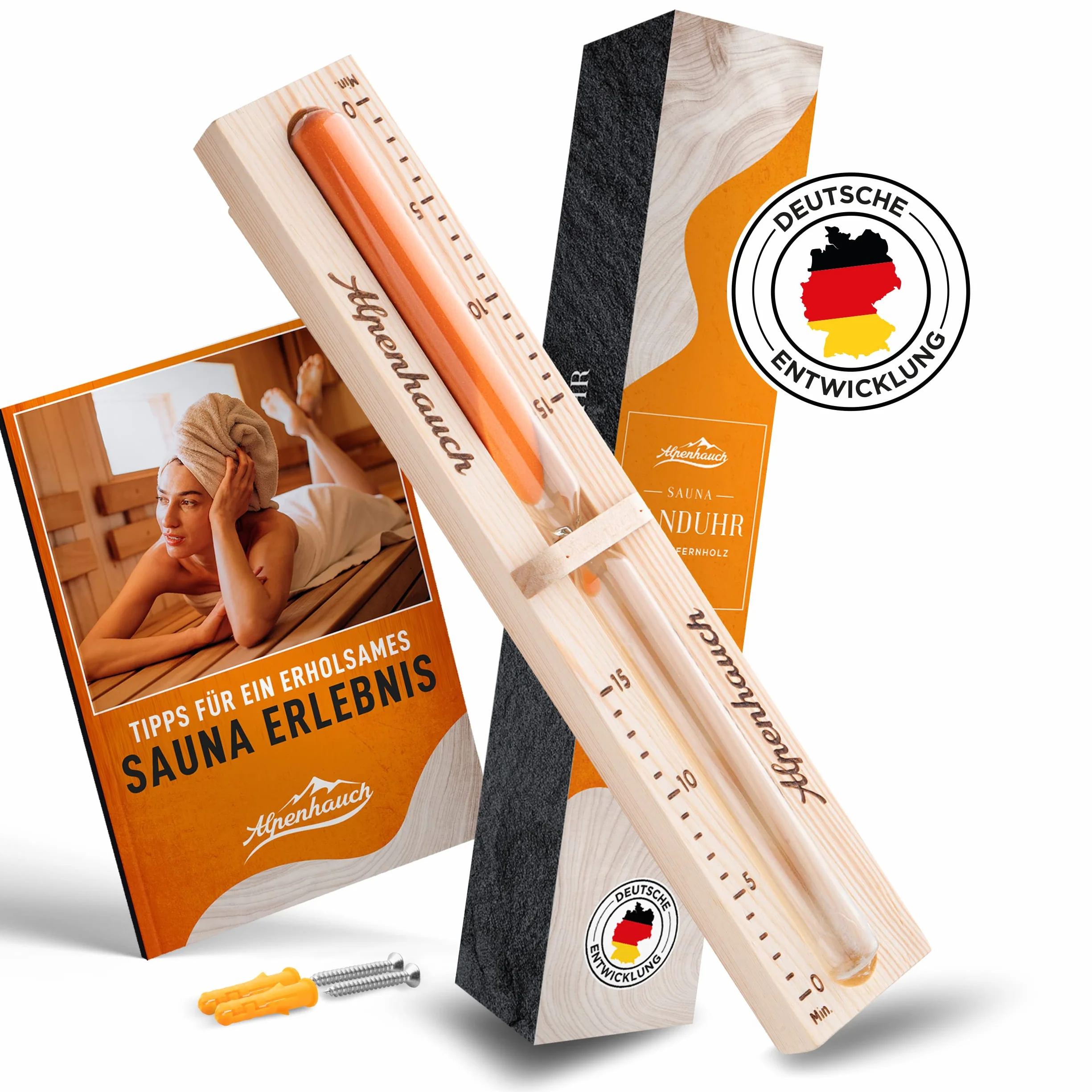 ALPENHAUCH Klepsydra do sauny 15 minut naturalne drewno szkło bezpieczne obracany 360°