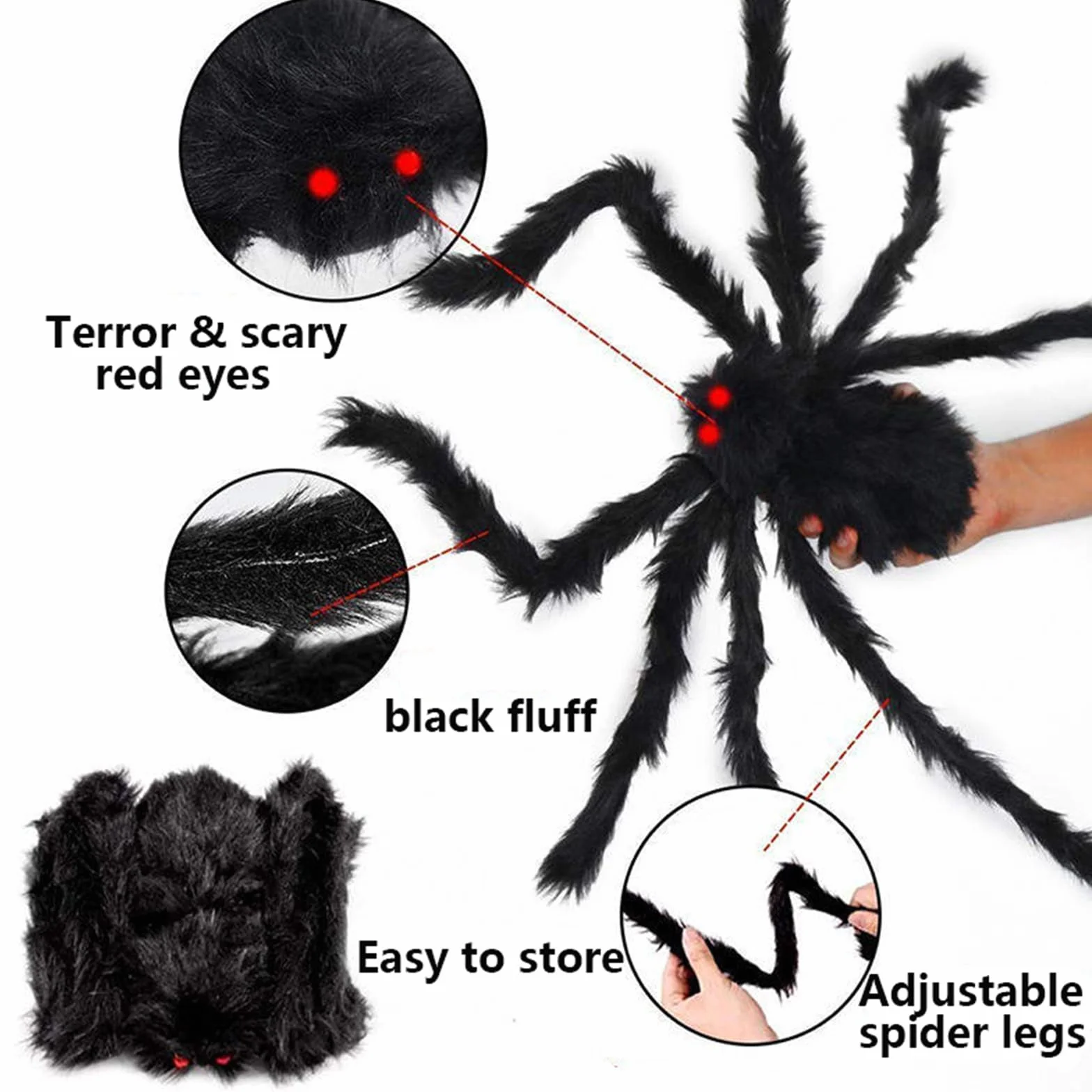 3-częściowy gigantyczny pająk Halloween, zewnętrzna dekoracja Halloween, duży futrzany pająk z czerwonymi oczami, dekoracja domu na zewnątrz (125 cm, 90 cm, 75 cm)