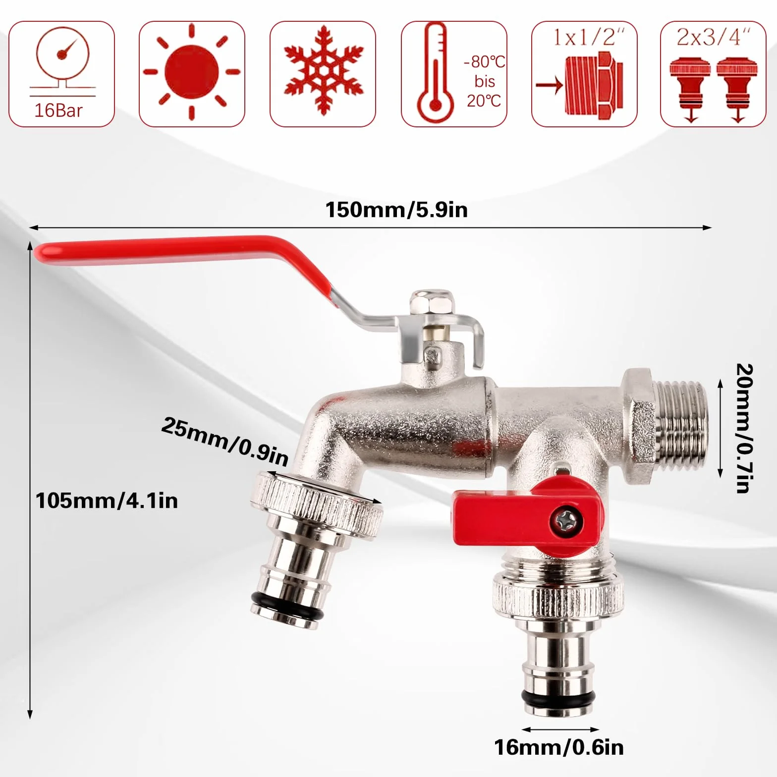 WuGU Bateria z podwójnym wylotem, adapter IBC, bateria zbiornikowa 1/2 cala, akcesoria do pojemnika IBC mosiężny kran ogrodowy akcesoria - czerwony