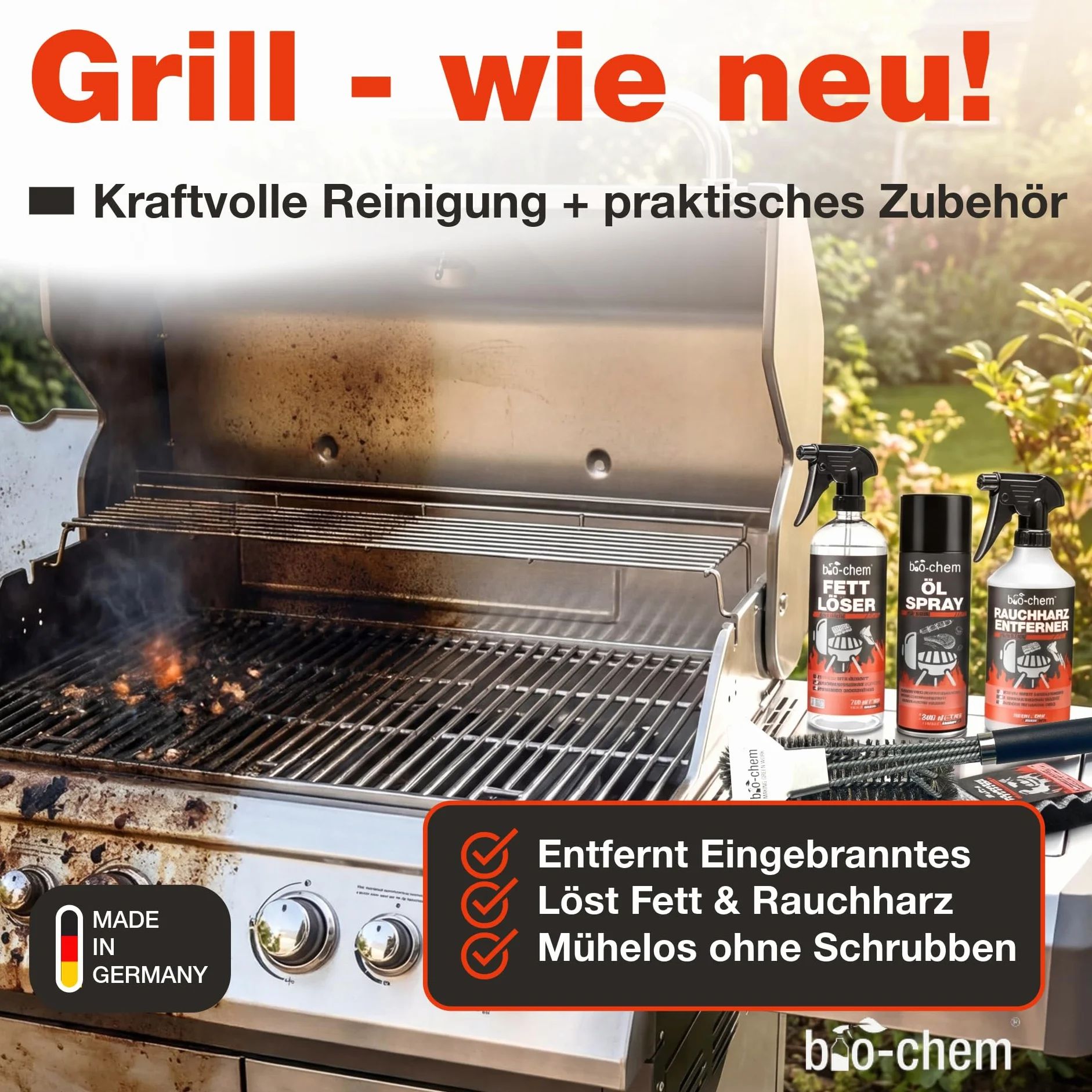 Bio-Chem Zestaw do czyszczenia powierzchni grillowych 0,5 l 750 ml 200 ml szczotka gąbka