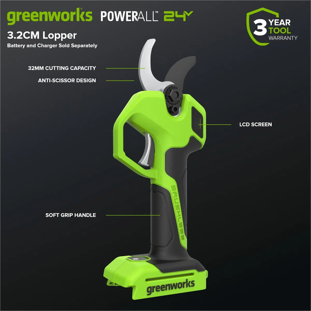 Greenworks 24 V elektryczne sekatory tylko narzędzia, silnik bezszczotkowy, stalowe ostrza laserowe, otwór 22/32 mm, wyświetlacz LED, akumulatorowe sekatory LP1212A1