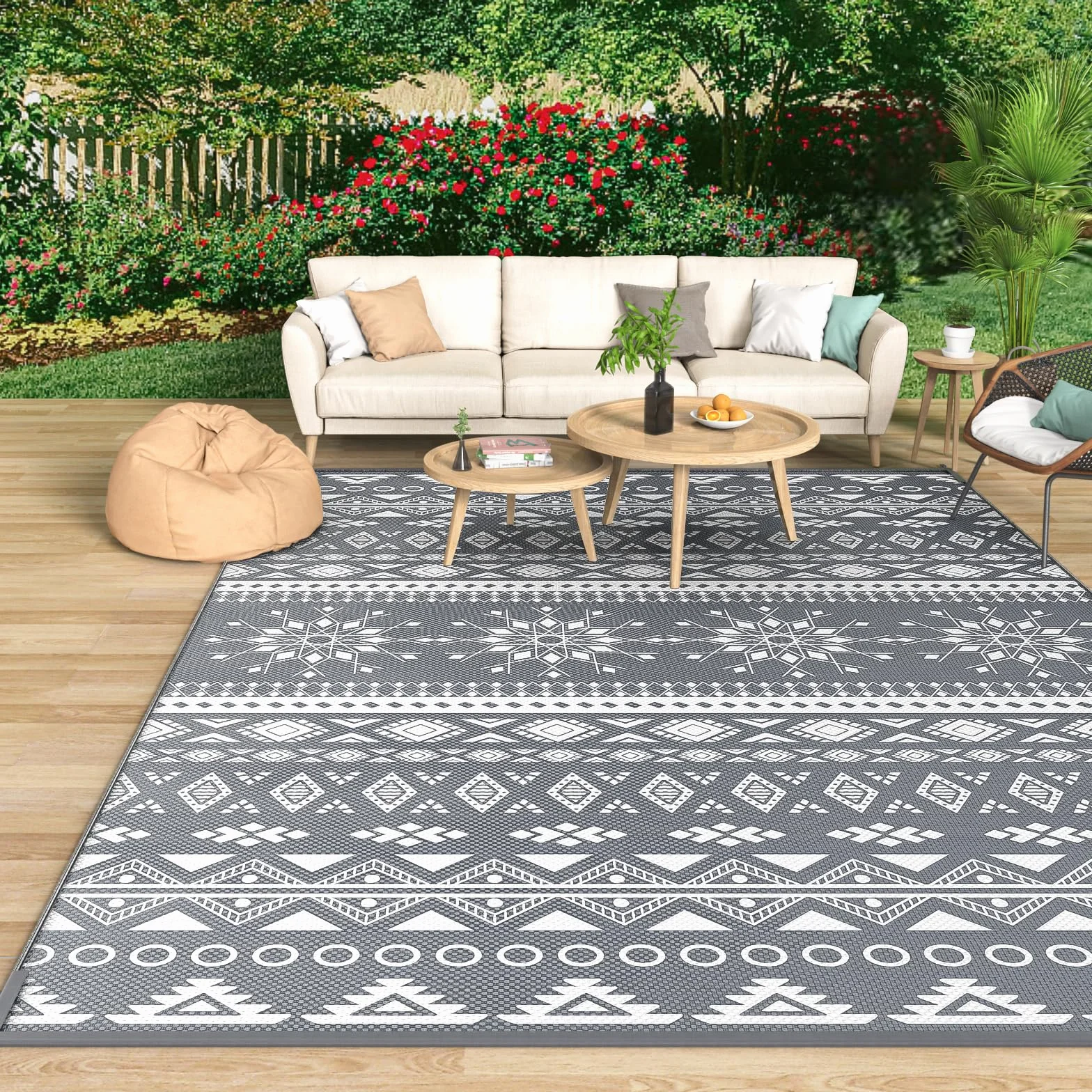 MOKANI Dywan zewnętrzny wodoodporny dwustronny 240 x 300 cm boho odporny na promieniowanie UV