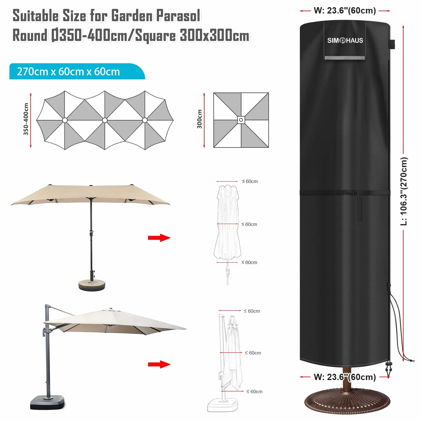 Pokrowiec na parasol przeciwsłoneczny, pokrowiec ochronny na podwójny parasol przeciwsłoneczny 4 m, wodoszczelny, wiatroszczelny, tkanina Oxford 420D 270x60/60cm