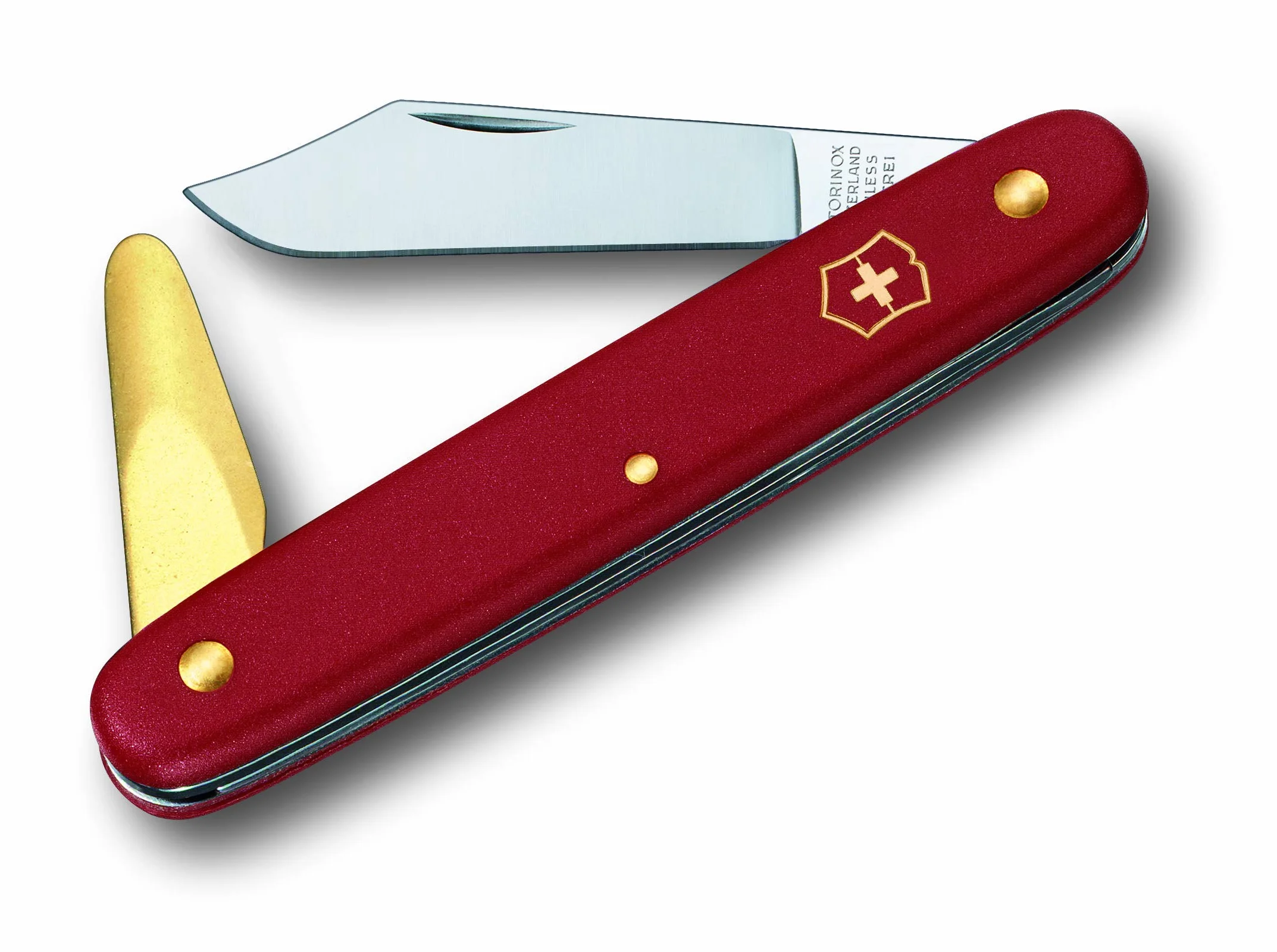Victorinox Gartenmesser Okuliermesser für Gartenarbeiten, Rostfreie Spitze Klinge, 50 mm, Messing-Rindenlöser, Rot