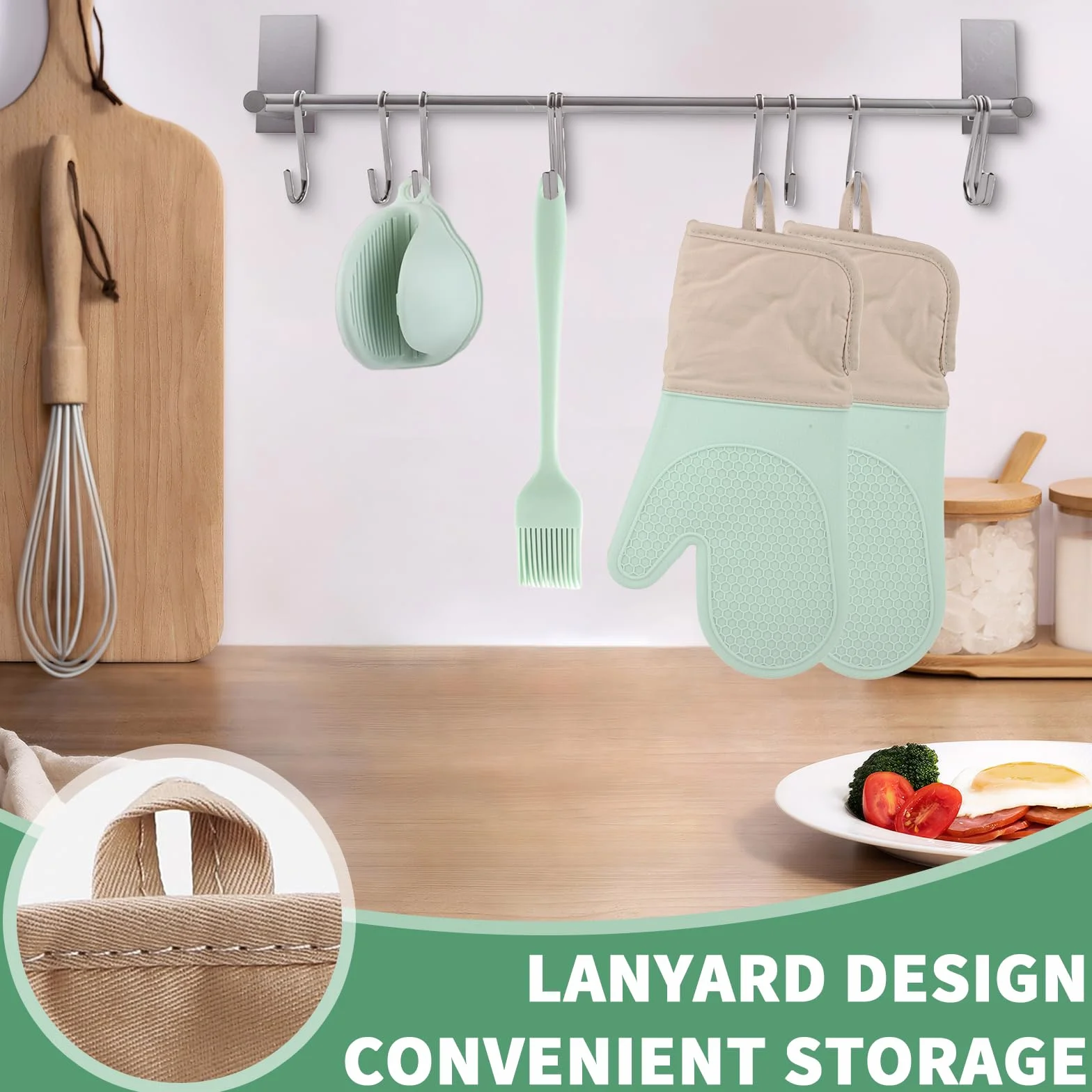 Rękawice do Piekarnika - Ofenhandschuhe Silikon 6er Set – Hitzebeständige Handschuhe in Mintgrün für sicheres Kochen, Backen und Grillen. Mit Baumwolle und Silikon, für optimalen Schutz in der Küche