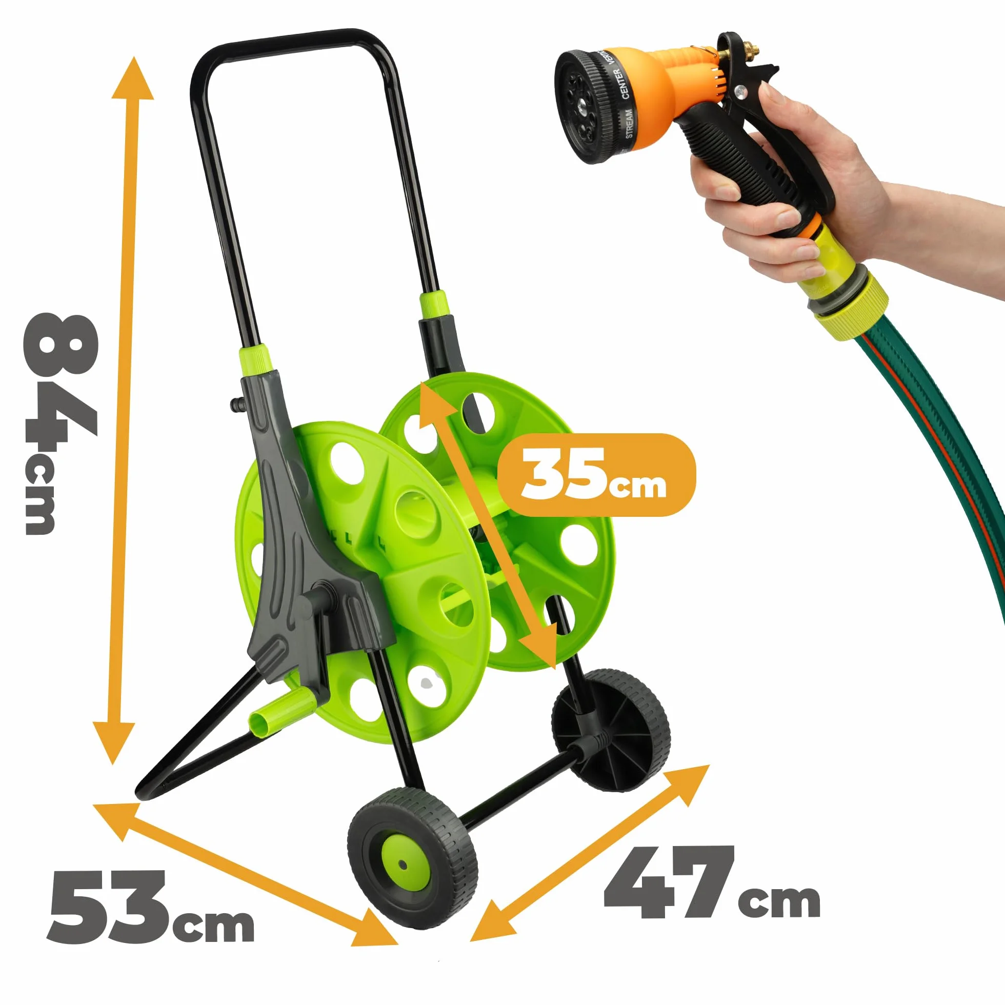6w1 Wózek + Wąż Do Ogrodu ½ 50m + Pistolet do Zraszania Szybkozłączka ½” Przyłącze Wózek na Wąż Ogrodowy z Wężem do wody i Zraszaczem Praktyczny zestaw Ogrodowy Do Nawadniania, Podlewania