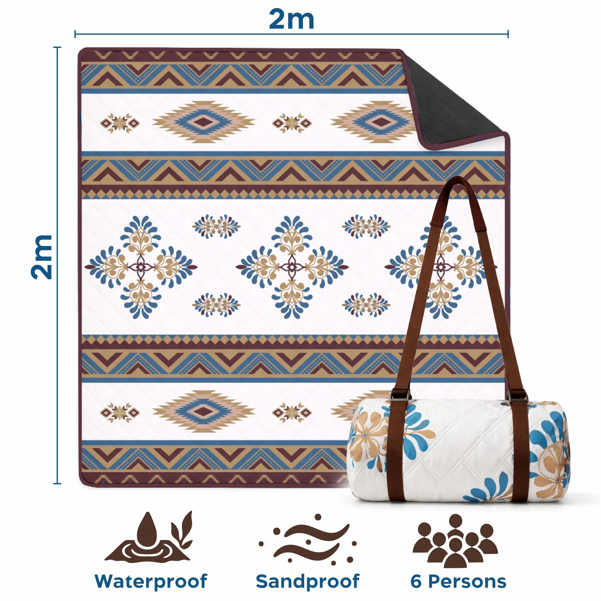 Twinzee Wodoodporny koc piknikowy 200x200 cm składany mata plażowa Boho