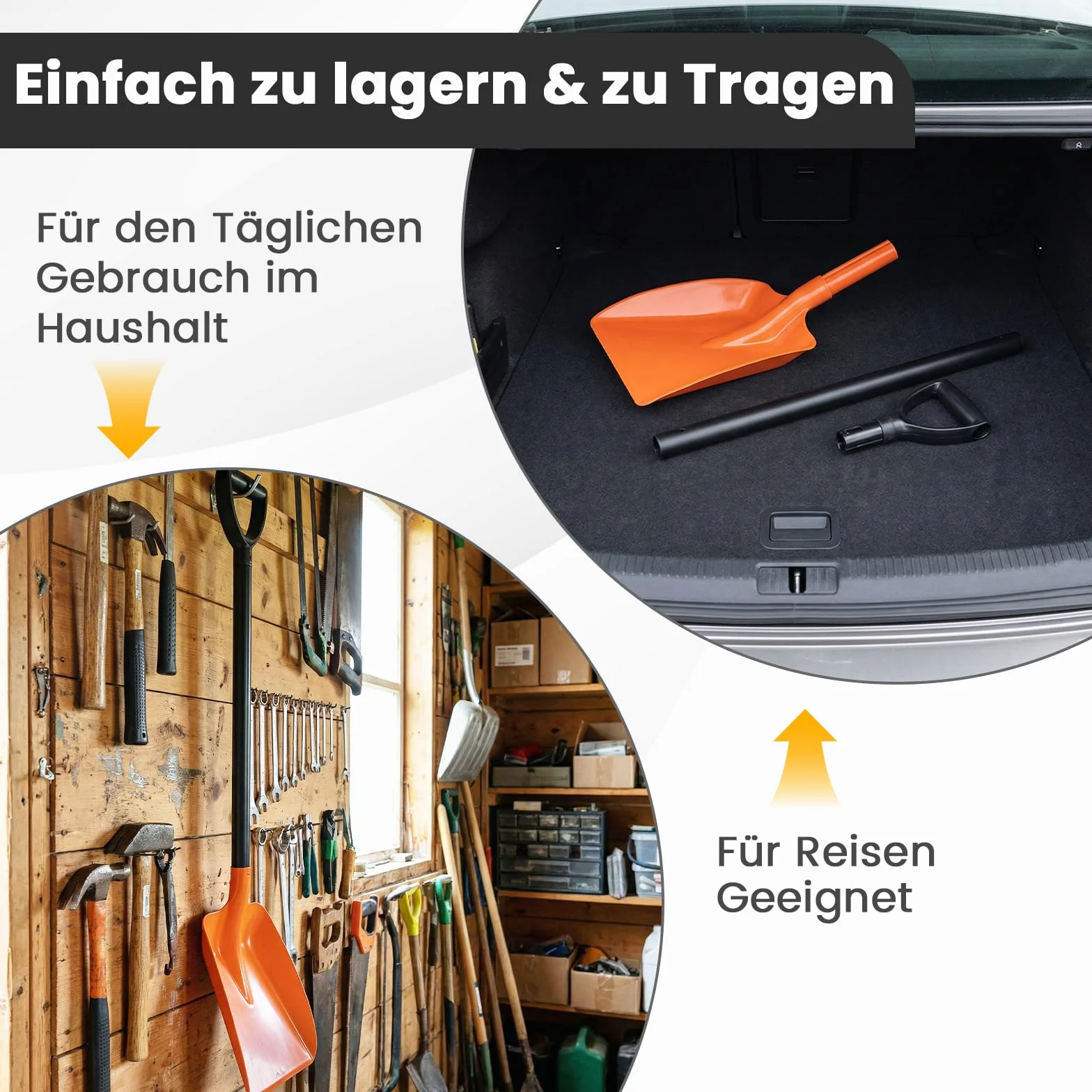 COSTWAY Łopata do śniegu, długość 111 cm, z ergonomicznym uchwytem i aluminiowym trzonkiem, lekka odśnieżarka na wjazd, do zabawy bałwanem, pomarańczowa