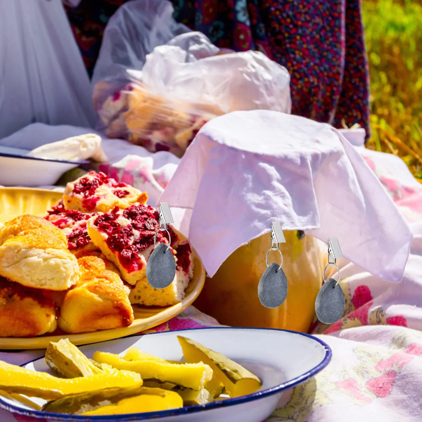 8 sztuk obciążników do obrusu z kamienia naturalnego, do użytku na zewnątrz, ze stalową klamrą, obciążniki do obrusu z klipsami dla rodziny, na imprezę, kemping, wesele, do ogrodu