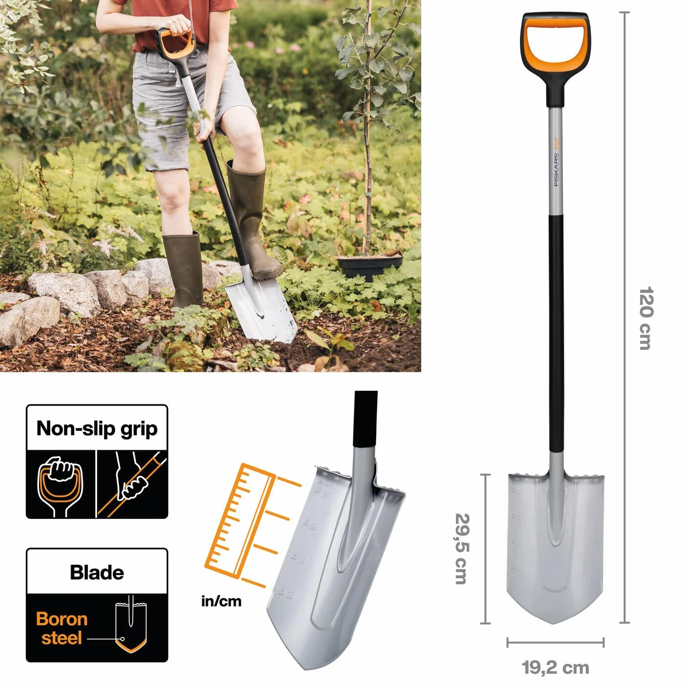 Fiskars Szpadel ogrodniczy do twardej, kamienistej ziemi, szpiczasty, długość: 120 cm, wzmocnione ostrze ze stali borowej, czarny/pomarańczowy, Xact, 1066729