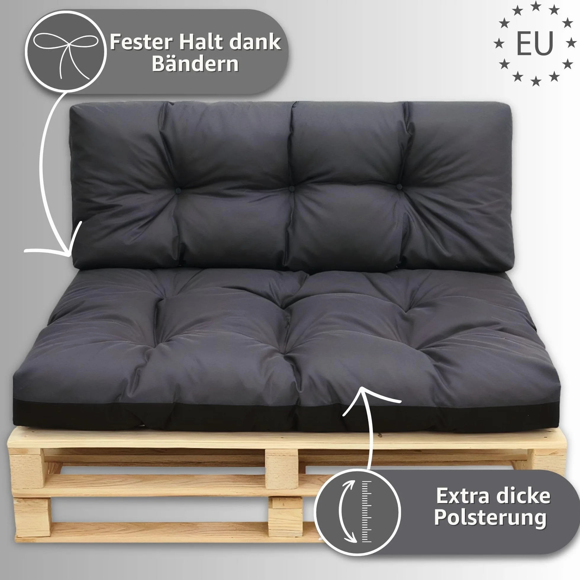Poduszki na palety na zewnątrz - SET: 40x120 cm + 80x120 cm - siedzisko na europalety nadające się do prania jasno szary
