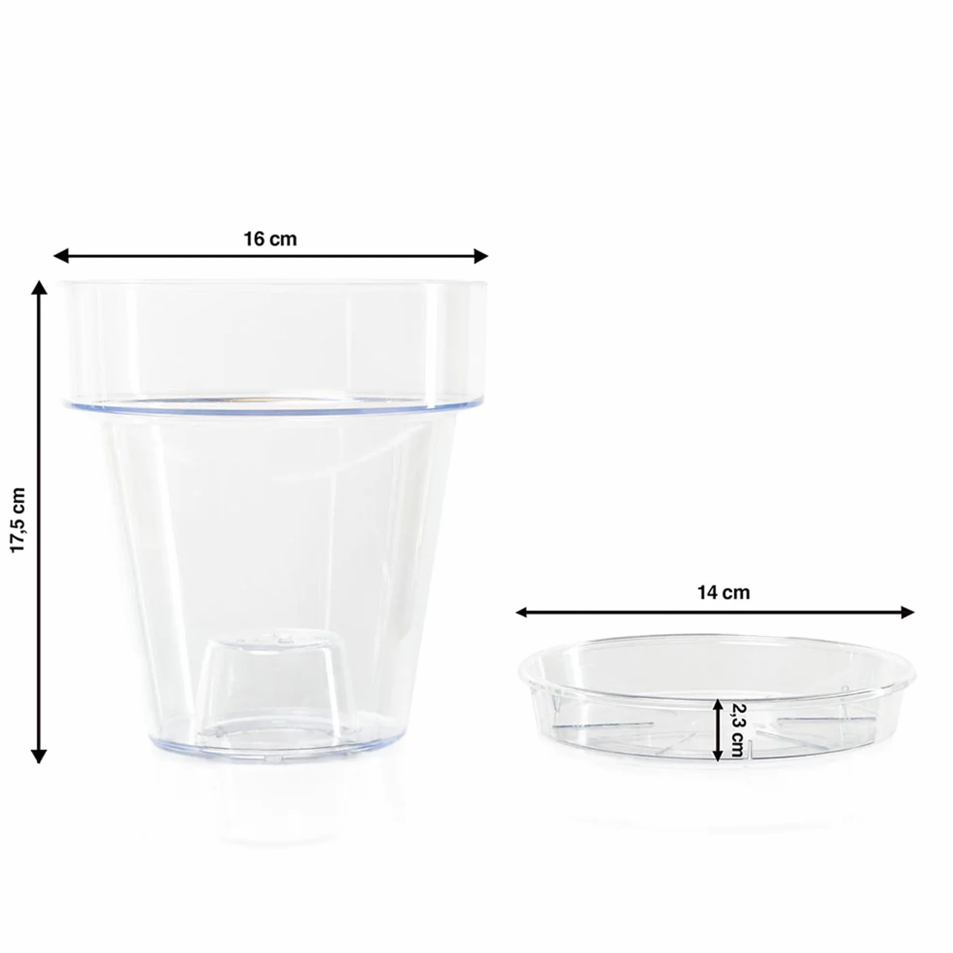 Przezroczysty plastikowy wazon na orchideę z otworami drenażowymi i spodkiem (5, Ø 16 cm)