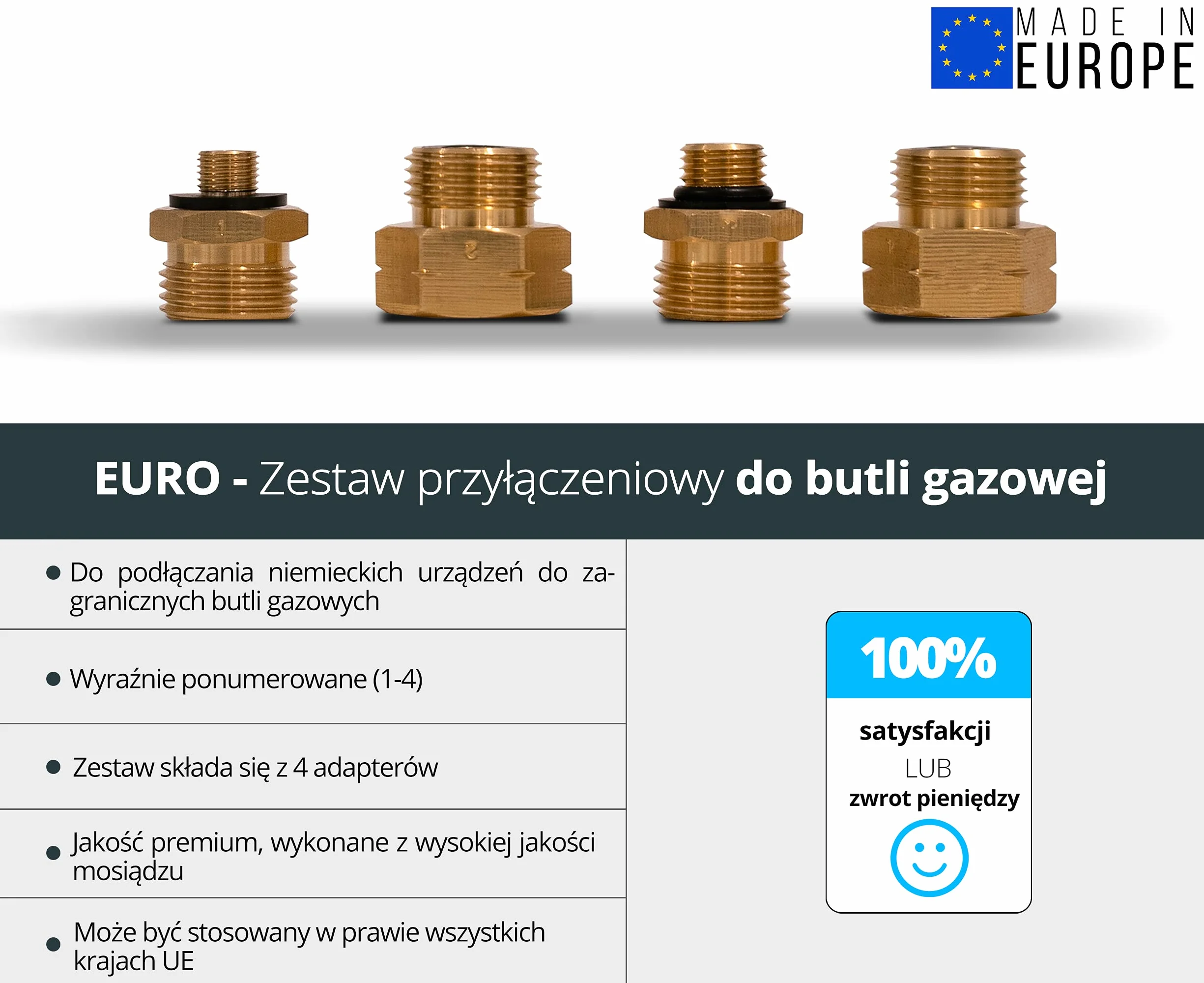 PELMOS adapter przyłącza gazu I 4-częściowy zestaw adapterów do butli gazowych dla krajów UE I Do podłączania regulatorów ciśnienia do obcych butli gazowych
