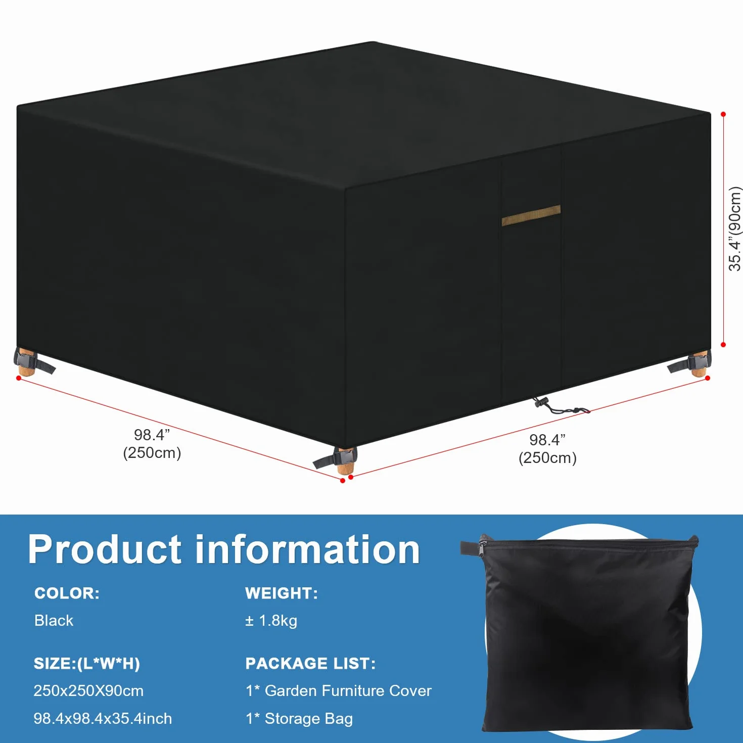 VANSHEIM Pokrowiec na Meble Ogrodowe 420D Oxford Wodoodporny 250x250x90cm