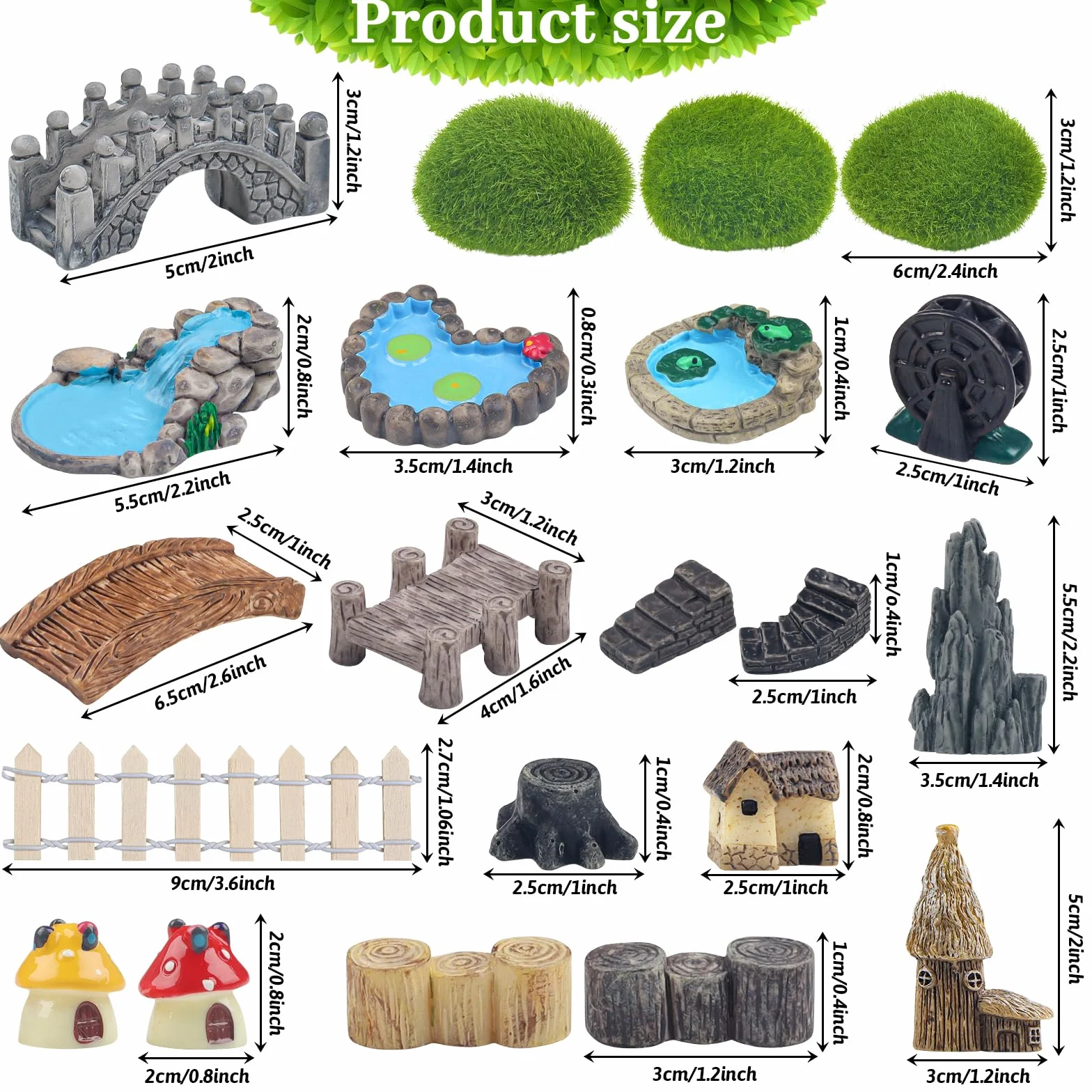QUOZUO Miniatury ogrodowe, most, dom, krajobraz, studnia, ogrodzenie, figurki, staw, grzyb, trawnik, ozdoba do majsterkowania, sukulentów, 21 szt