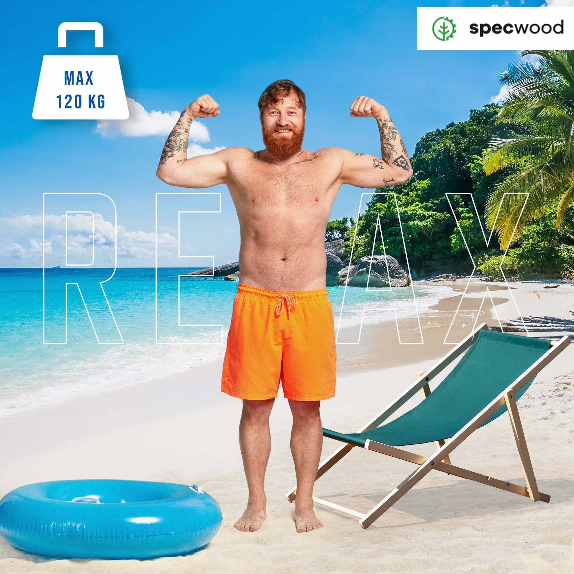 spec-wood Leżak drewniany plażowy/ogrodowy Regulowany Wytrzymały i Solidny Praktyczny Materiał Składany Łatwy w transporcie 119 cm x 58 cm Kolor Beżowy