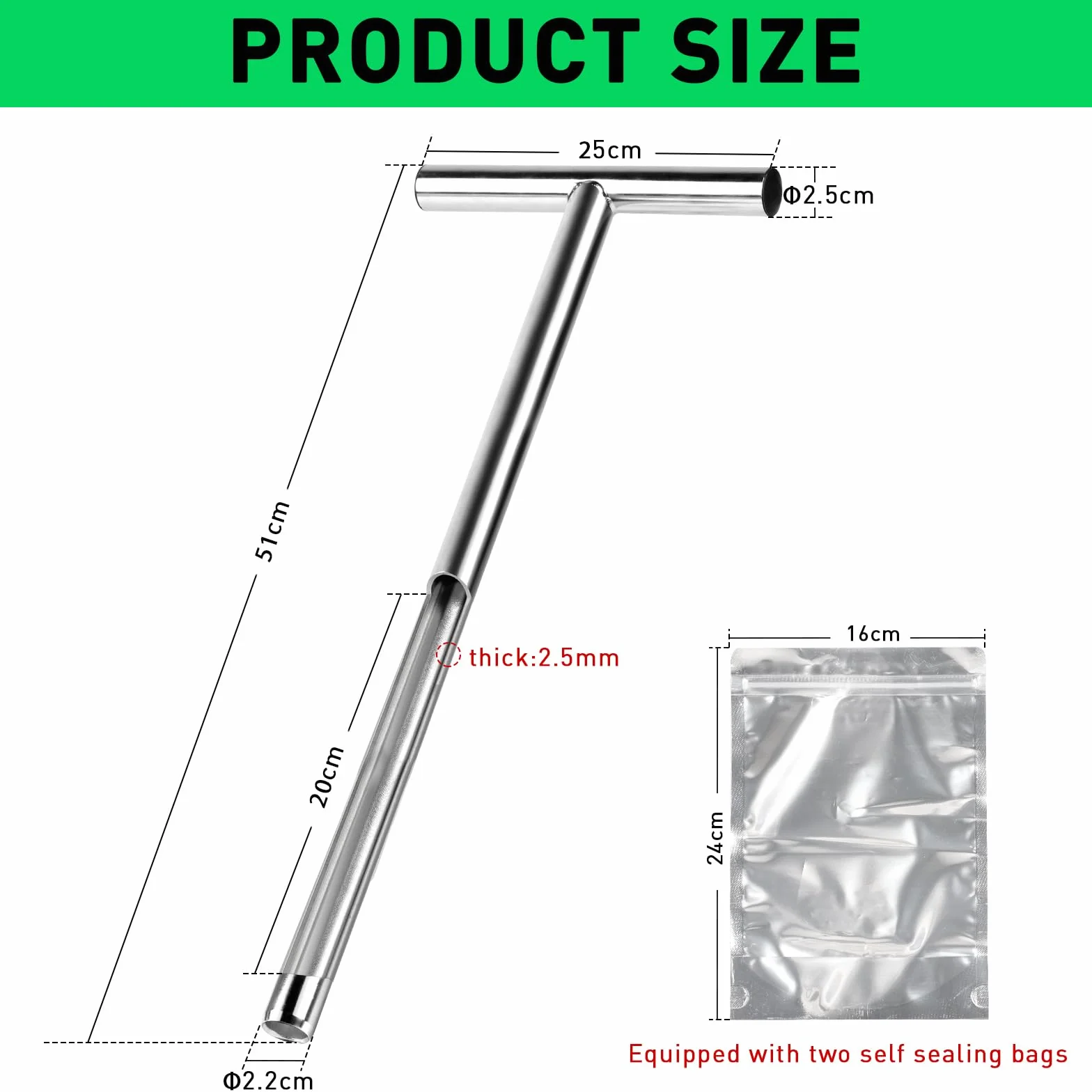 Sonda do badania gleby 51 cm 304 stal nierdzewna 2,5 mm grubość ścianki narzędzie do próbek gleby
