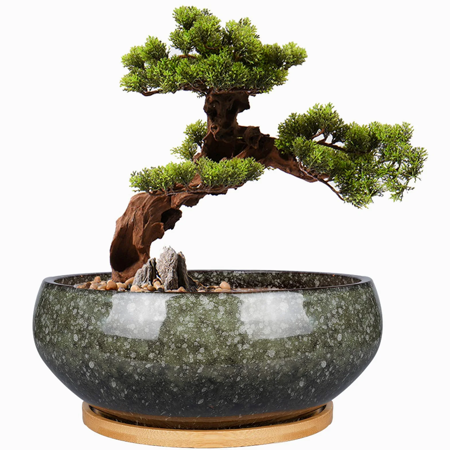 Ceramiczna doniczka bonsai, glazurowana płytka doniczka na sukulenty z otworem drenażowym i bambusowym spodkiem do roślin domowych, zielona