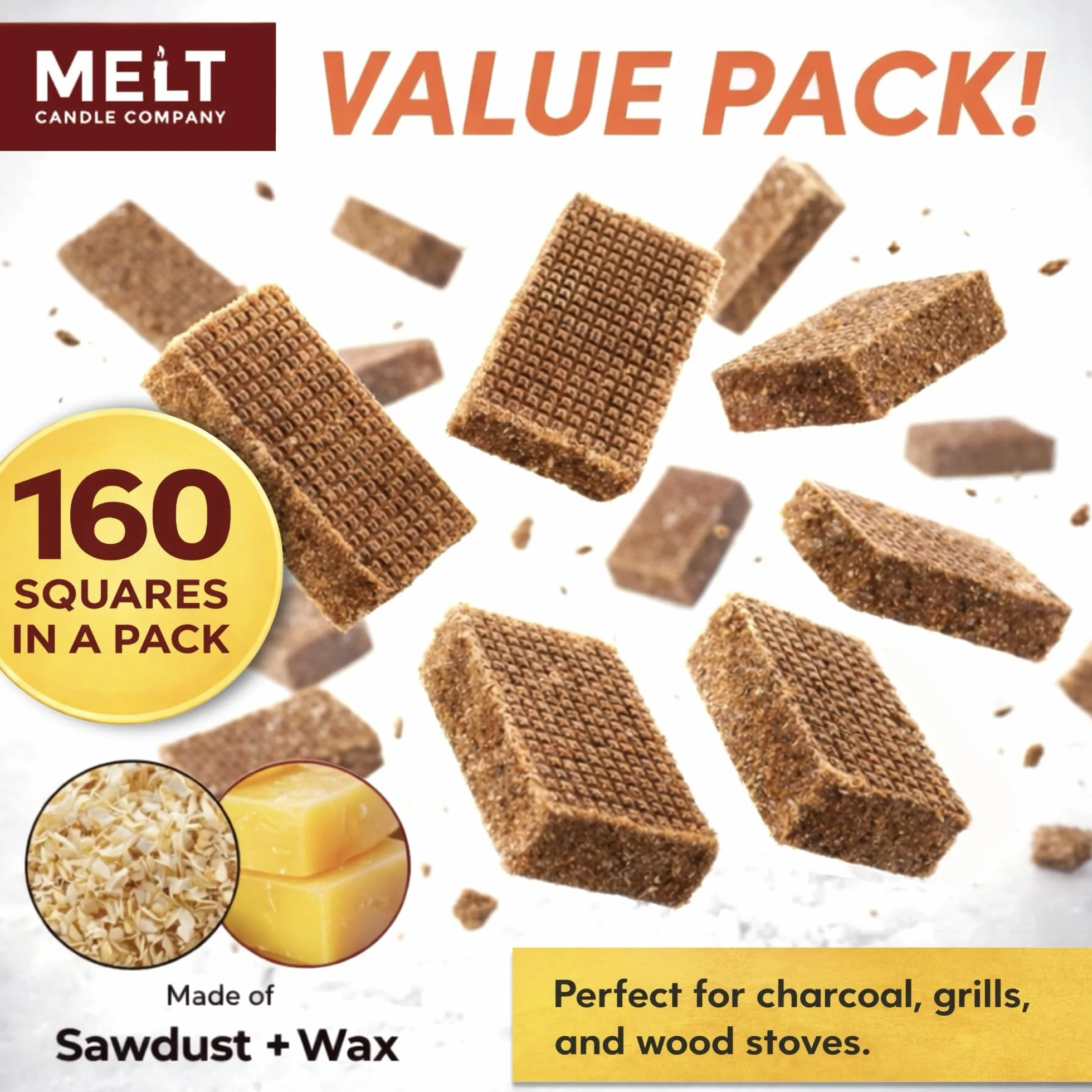 Ogień Starters Big Pack 160 kwadratów węgiel startowy do grilla, ogniska, kominka, paleniska, wędzarni, bez rozbłysków i smaku. Rozrusznik do pieca na drewno i pellet. Wodoodporne, wytrzymałe kwadraty