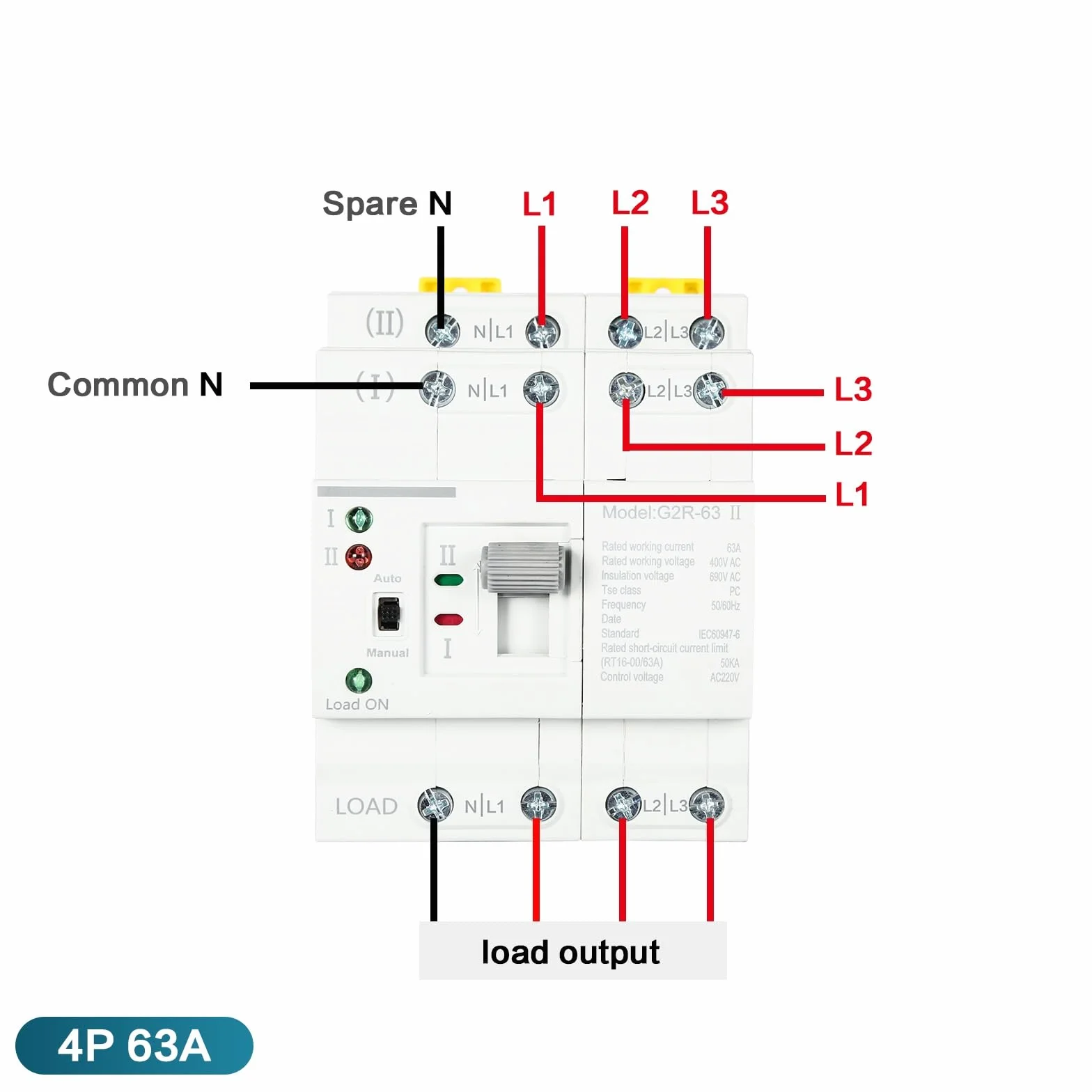 DEWIN Automatyczny przełącznik transferowy, ATS G2R 4P 63A, szyna DIN, Dual Power, automatyczny przełącznik transferowy, elektryczny przełącznik wyboru, 220V