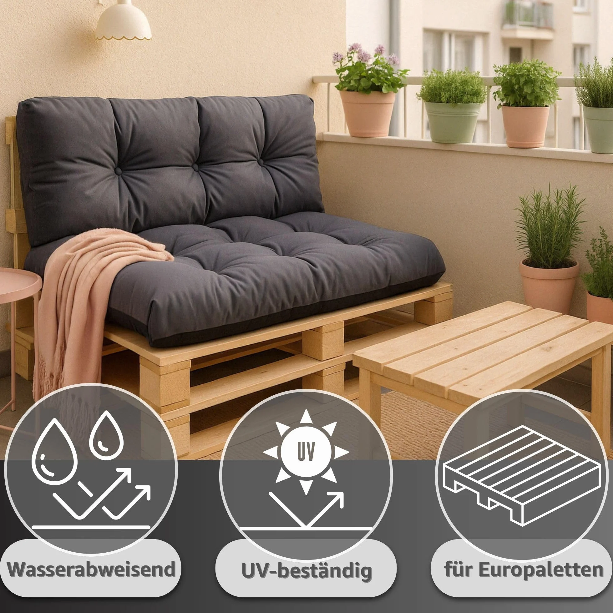 Poduszki na palety na zewnątrz - SET: 40x120 cm + 80x120 cm - siedzisko na europalety nadające się do prania jasno szary