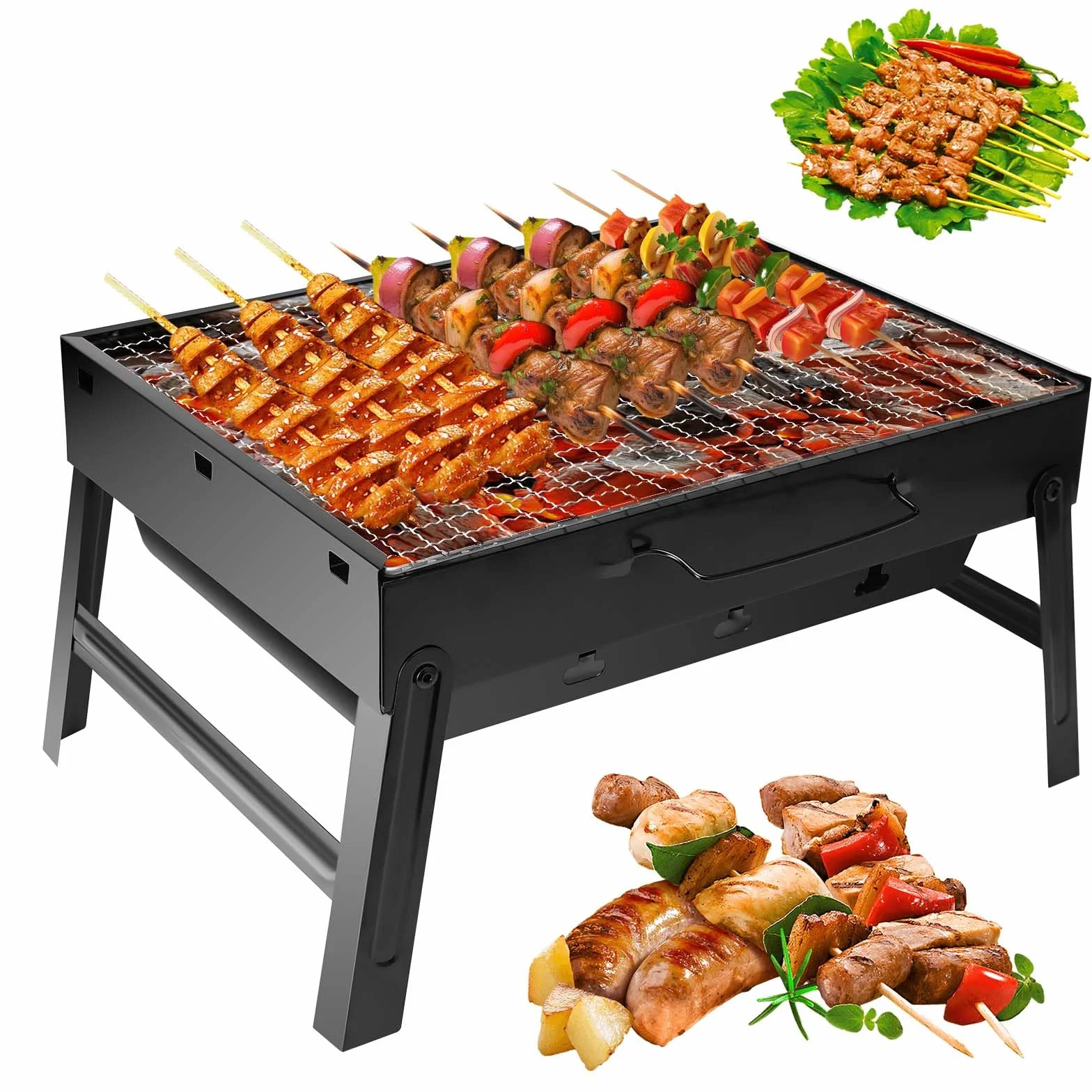 Auauraintt Kompaktowy Mini Grill BBQ - na węgiel drzewny, przenośny i składany, grill stołowy, grill kempingowy, grill piknikowy, do pikniku, ogrodu, tarasu, kempingu, podróży