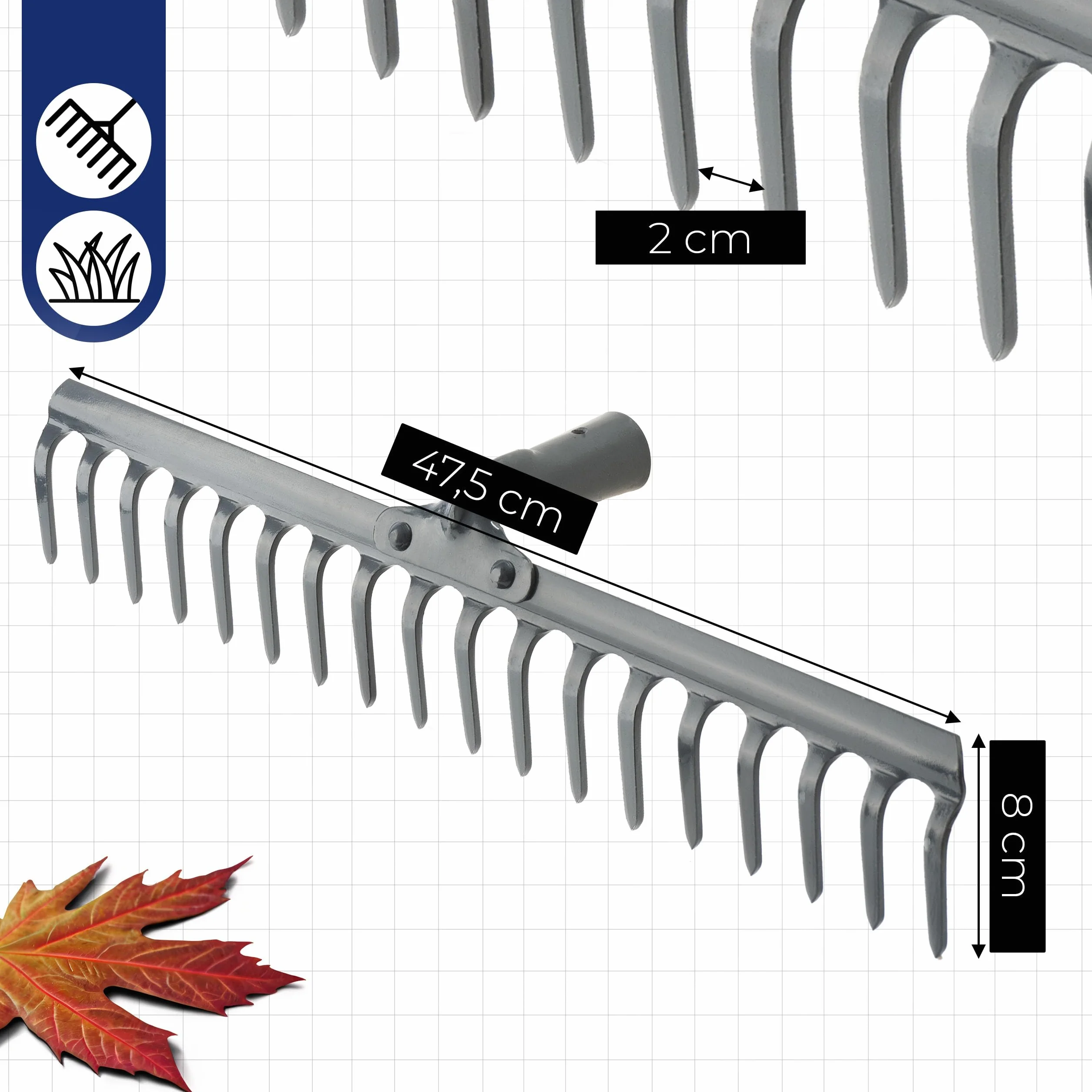 Grabie Ogrodowe Metalowe 18 Zębów 47,5 cm Bez Trzonka do Liści Trawy