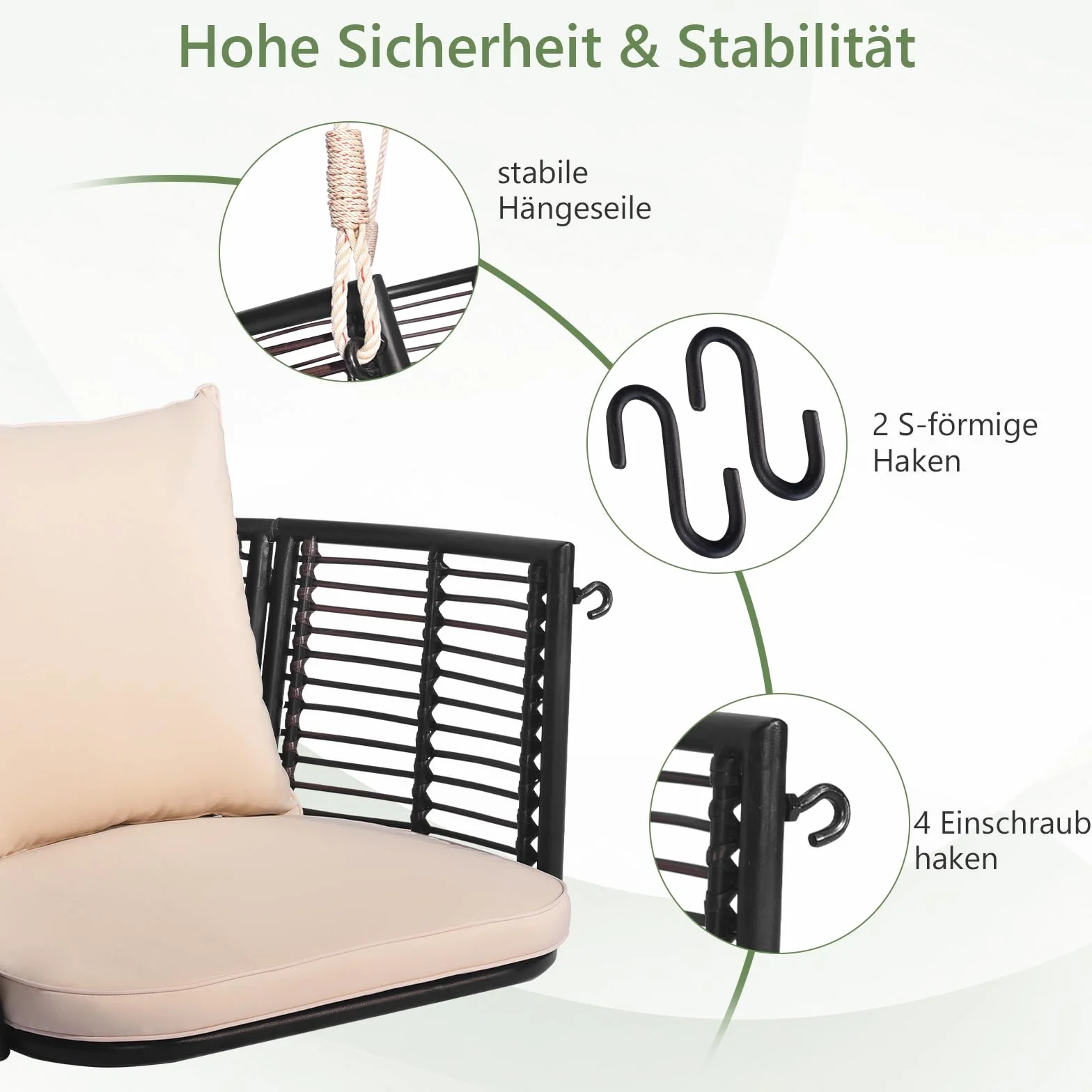 COSTWAY Fotel wiszący, obciążenie do 180 kg, fotel wiszący z poduszkami, metalową ramą i linami wiszącymi, fotel wiszący, huśtawka tarasowa, na werandę i podwórko, brązowy