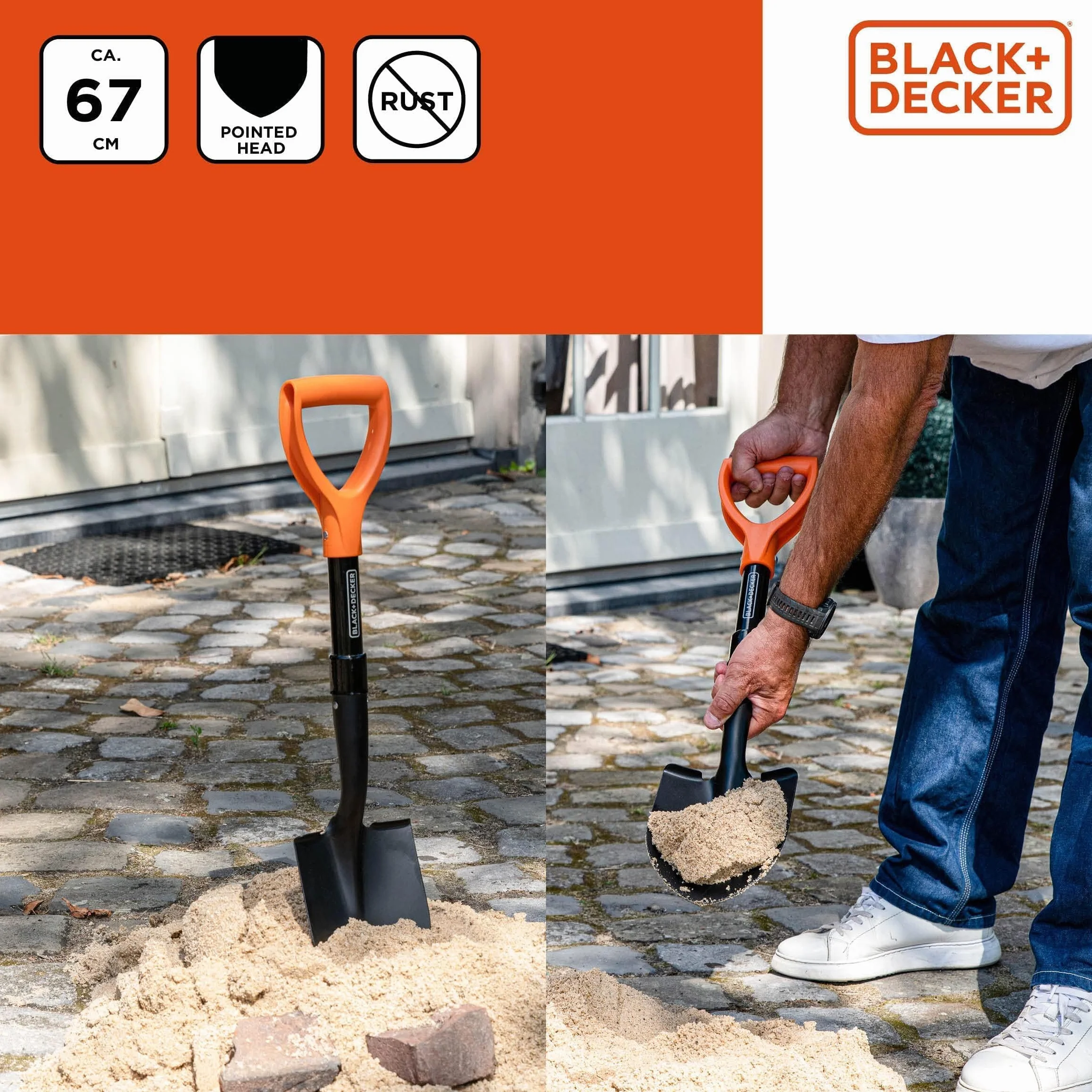 BLACK+DECKER Łopata – 67 cm – 800 g – nierdzewna – głowica ze stali węglowej i trzonek z włókna szklanego – czarna