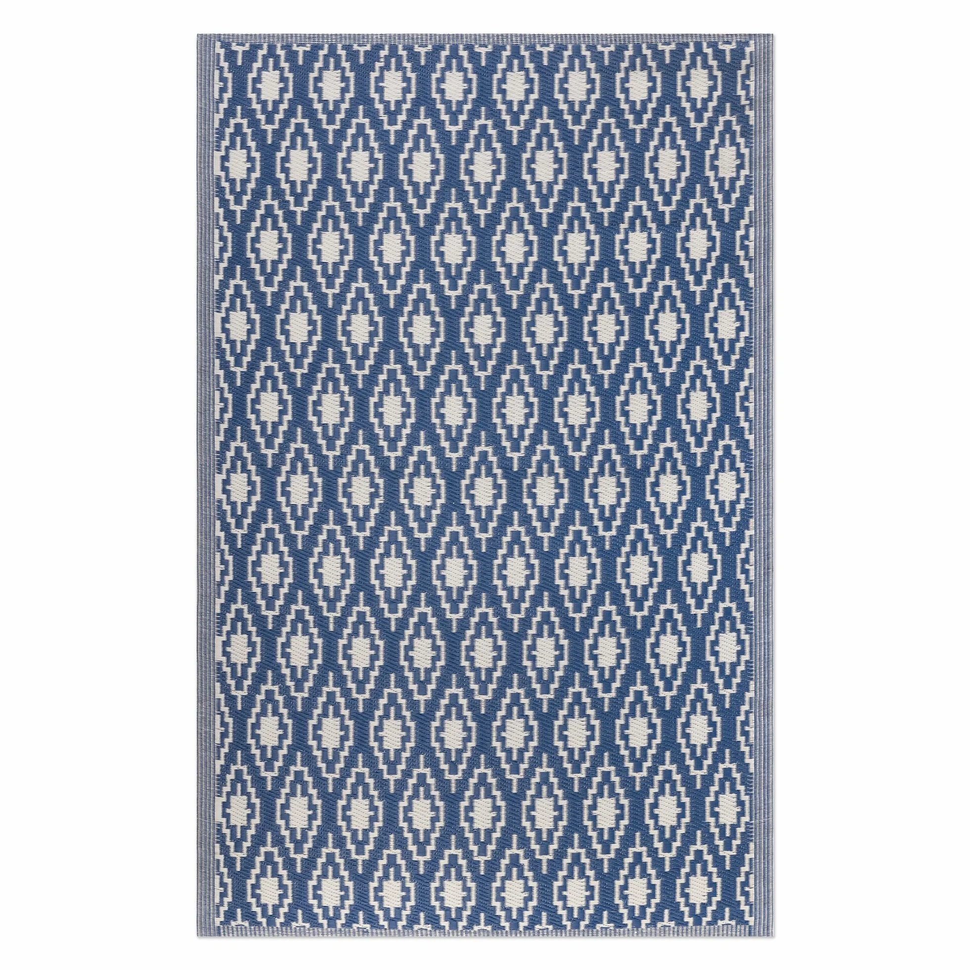 JEMIDI Dywan zewnętrzny do ogrodu, 120 x 180 cm, dywan na patio lub taras, odporna na warunki atmosferyczne, z geometrycznym wzorem diamentowym, ciemnoniebieski